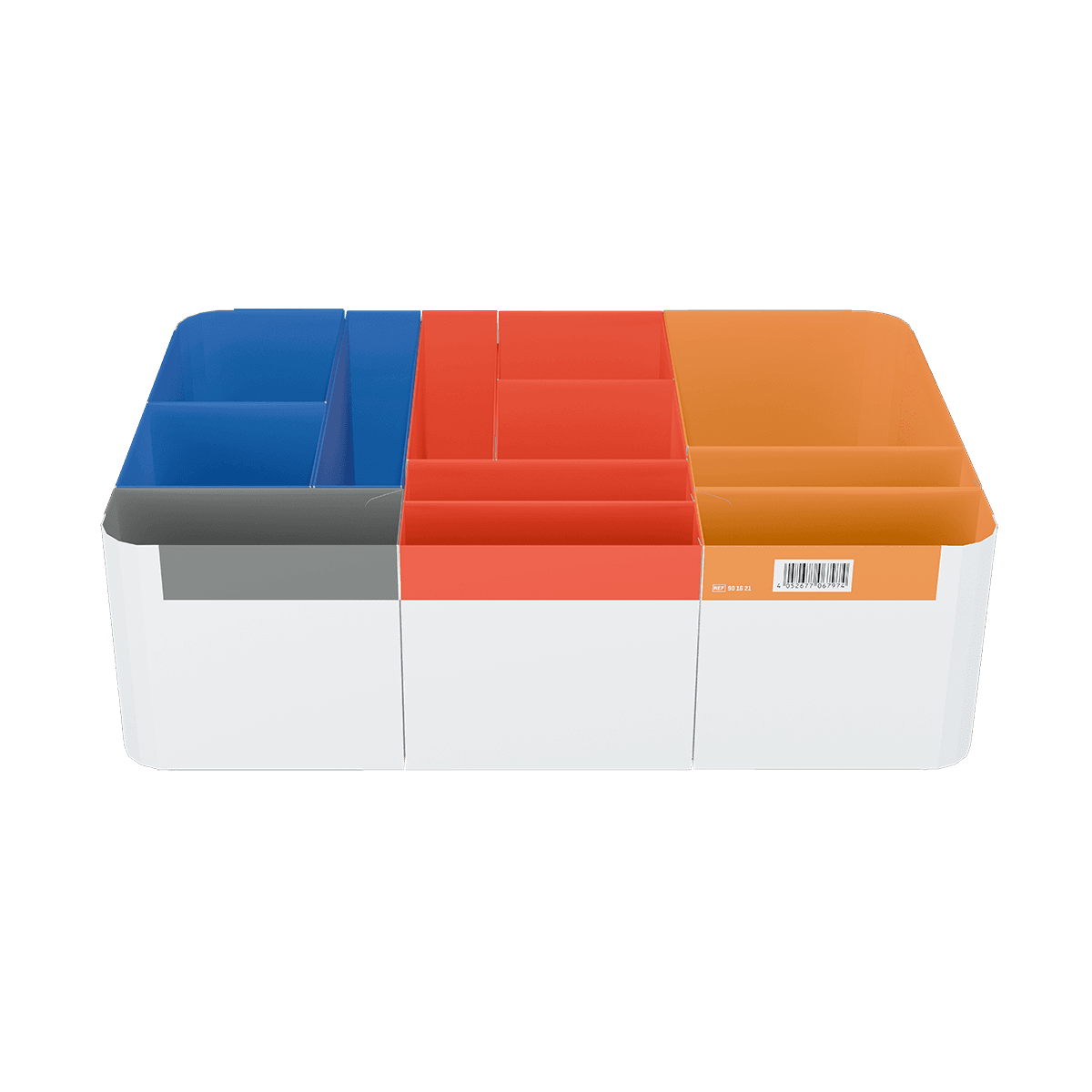 Weiße Tablett mit vier Fächern in Blau, Orange, Grau und Rot, separiert durch Stege, mit Barcode auf dem orangen Fach.
