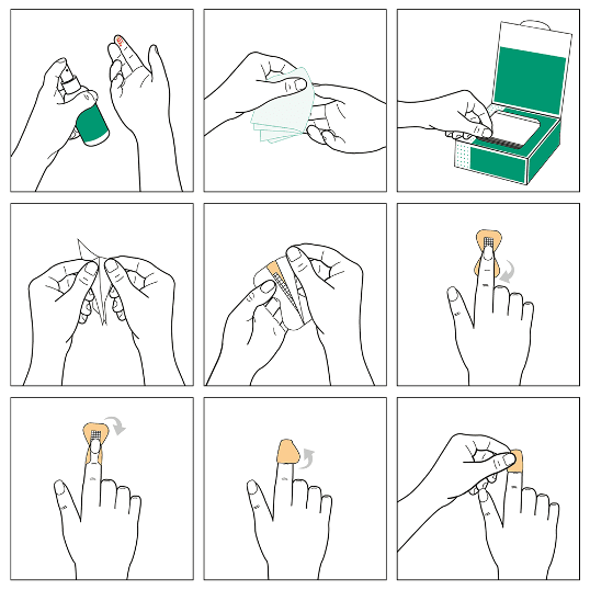 Neun Illustrationen zeigen Schritt für Schritt das Anlegen eines orangefarbenen, rechteckigen Pflasters auf einen Finger.