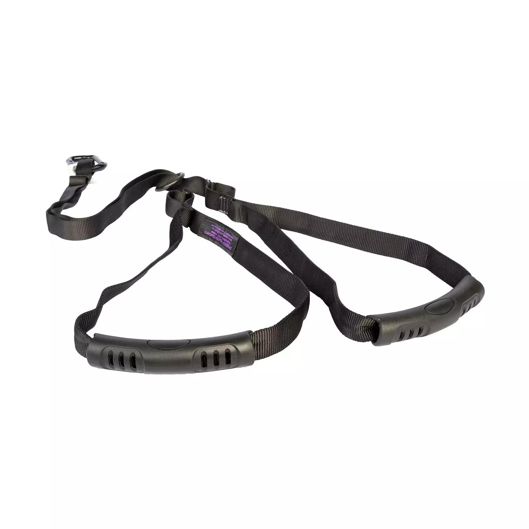 Zwei schwarze Gurte mit runden Lochgriffen und lilafarbenen Etiketten am NAR Dragon Handle System Rettungsgurtsystem, befestigt mit Schnallen.