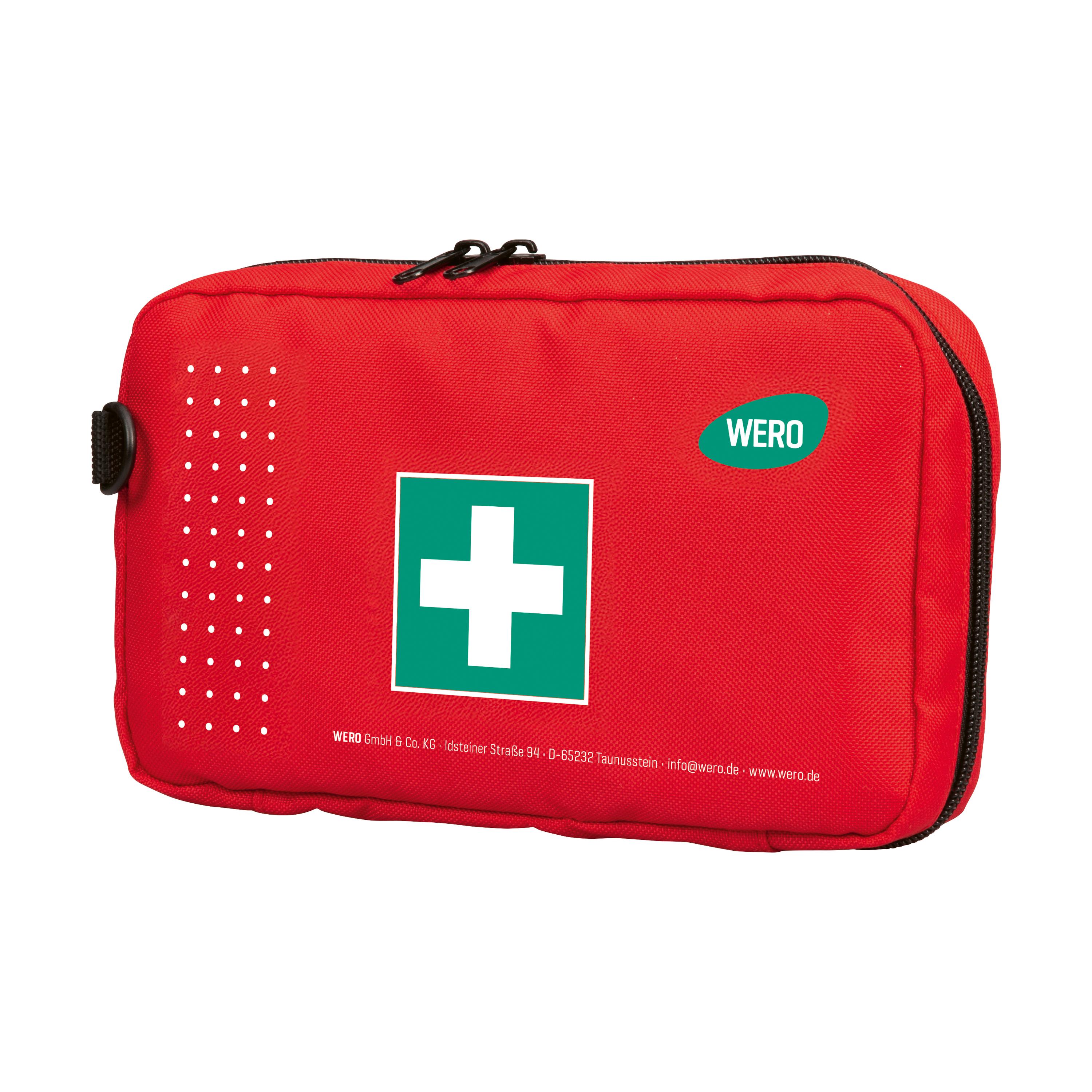 Kompakte Erste Hilfe Tasche WERO On-Tour, leer in leuchtendem Rot mit weißem Kreuz, grünem "WERO"-Emblem und schwarzen Reißverschlüssen.