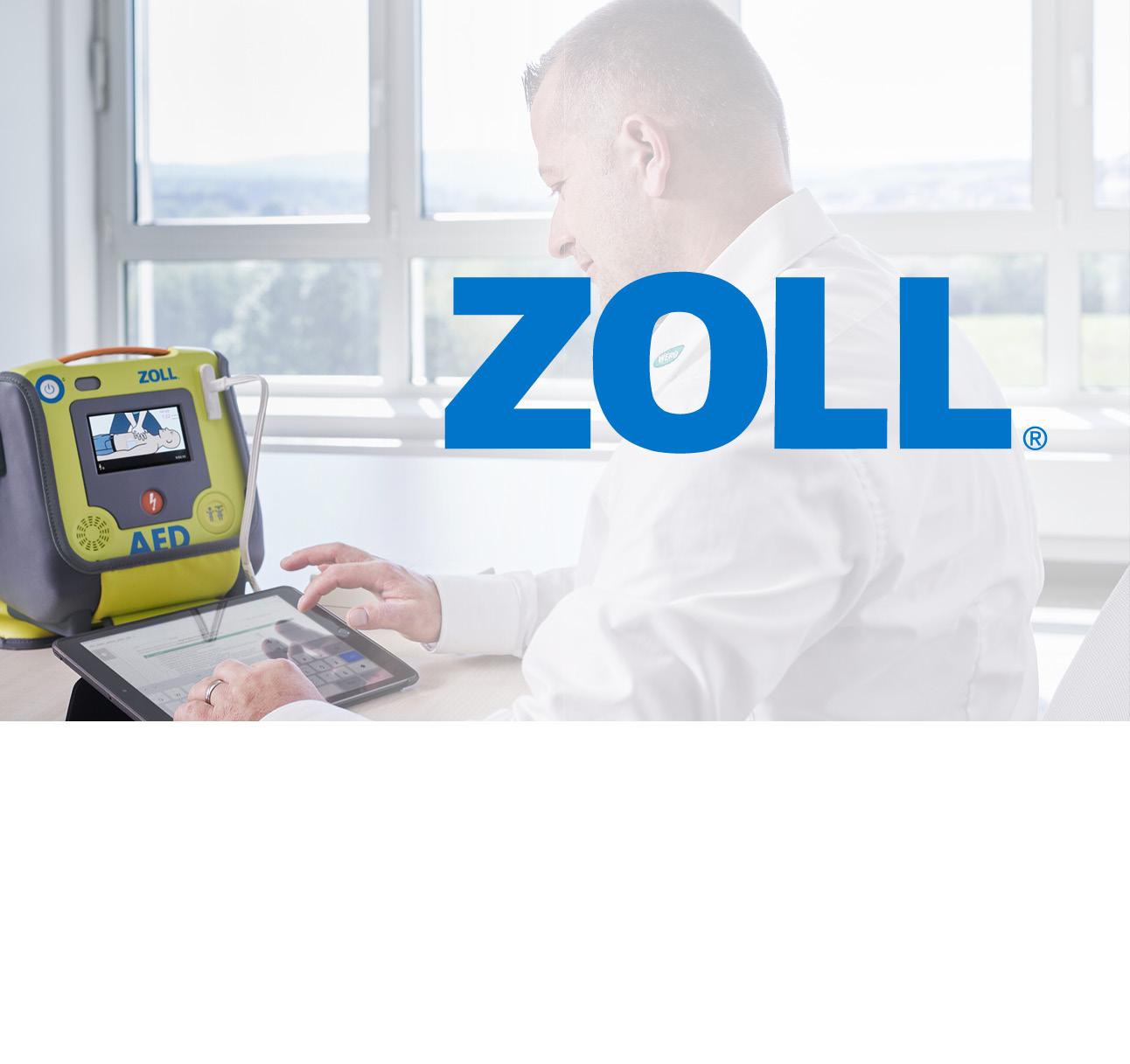 Im Hintergrund findet eine AED-STK statt. Im Vordergrund steht der Markenname "ZOLL".