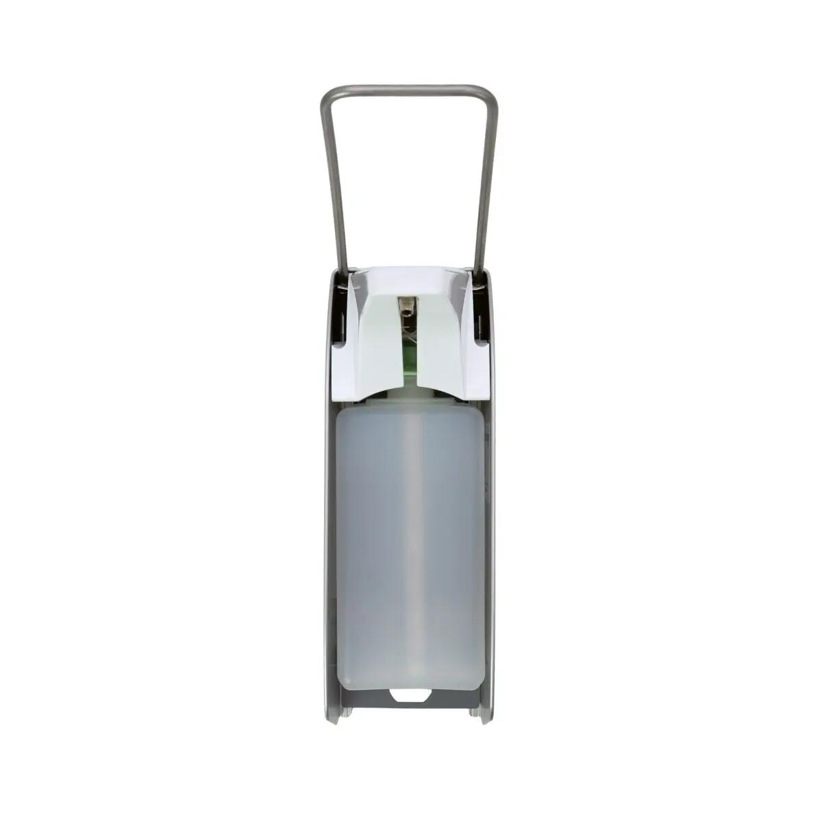 ALU-Direktspender für Flüssigseifen und Lotionen - 500 ml mit Edelstahlpumpe, geradem Saugrohr und einstellbarer Dosierung aufrecht stehend.