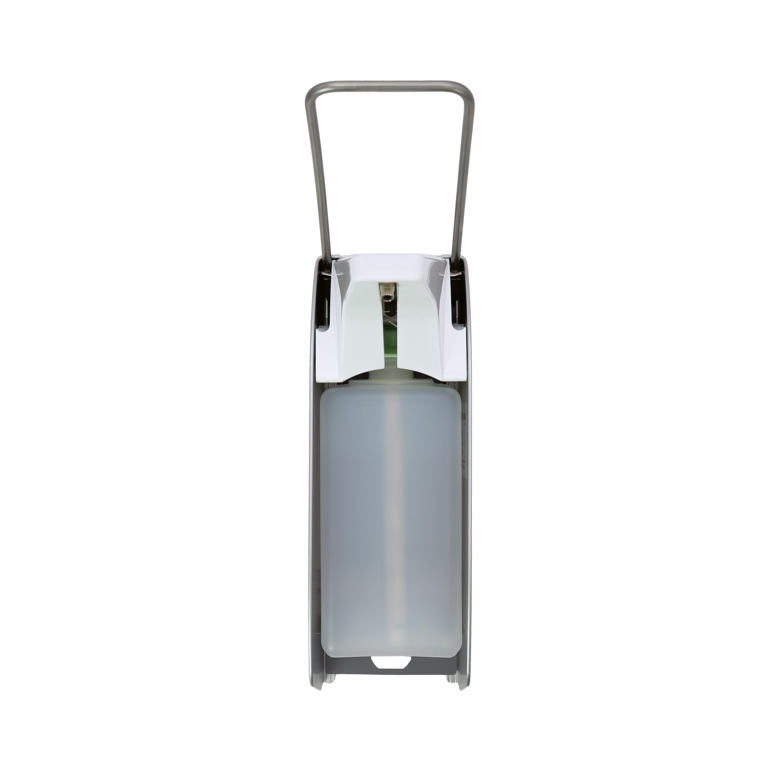 ALU-Direktspender für Flüssigseifen und Lotionen - 500 ml mit Edelstahlpumpe, geradem Saugrohr und einstellbarer Dosierung aufrecht stehend.