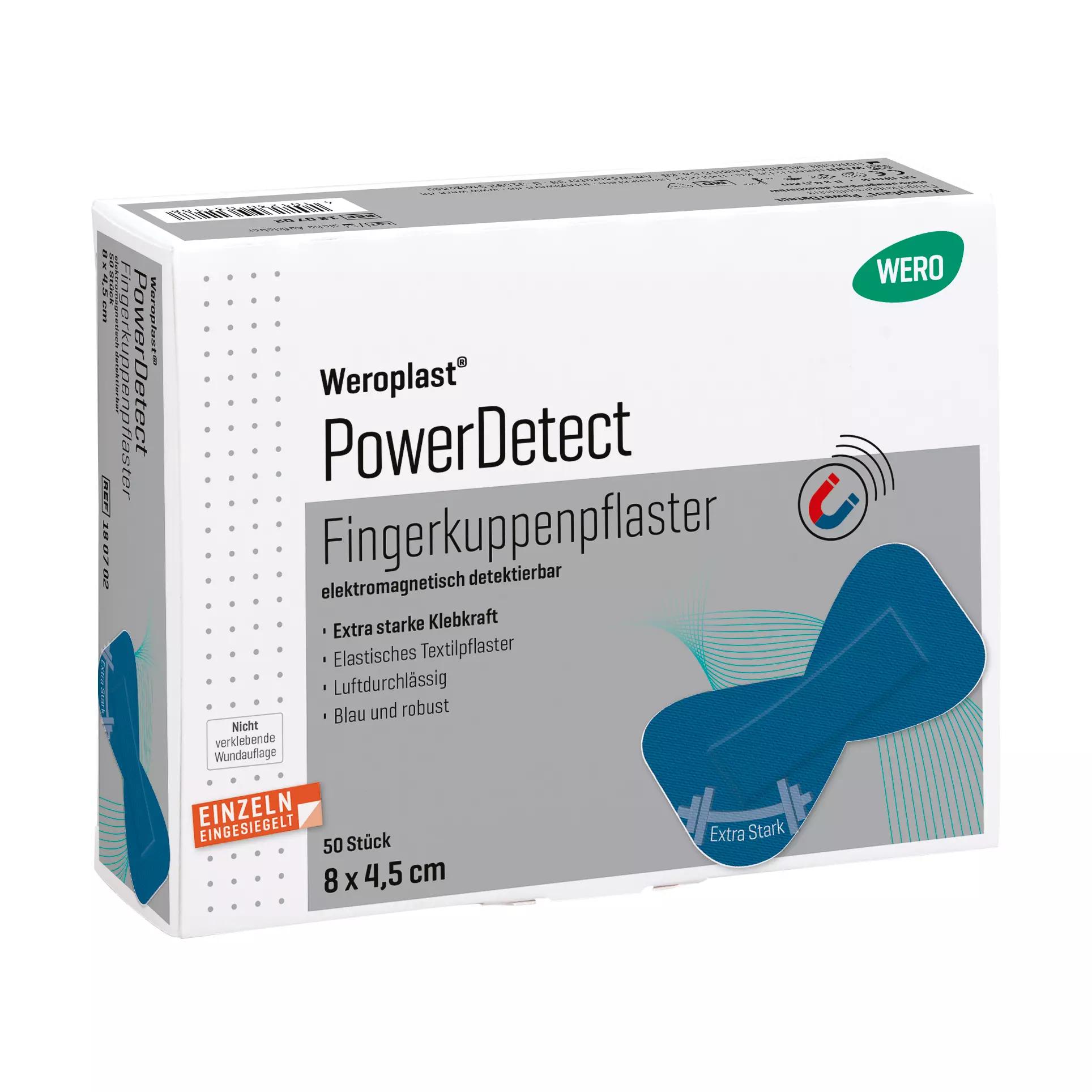 Fingerkuppenpflaster Weroplast® PowerDetect 50 Stk in grauer Box mit extra starker Klebkraft, detektierbar dank blauer Farbe und Aluminiumstreifen.