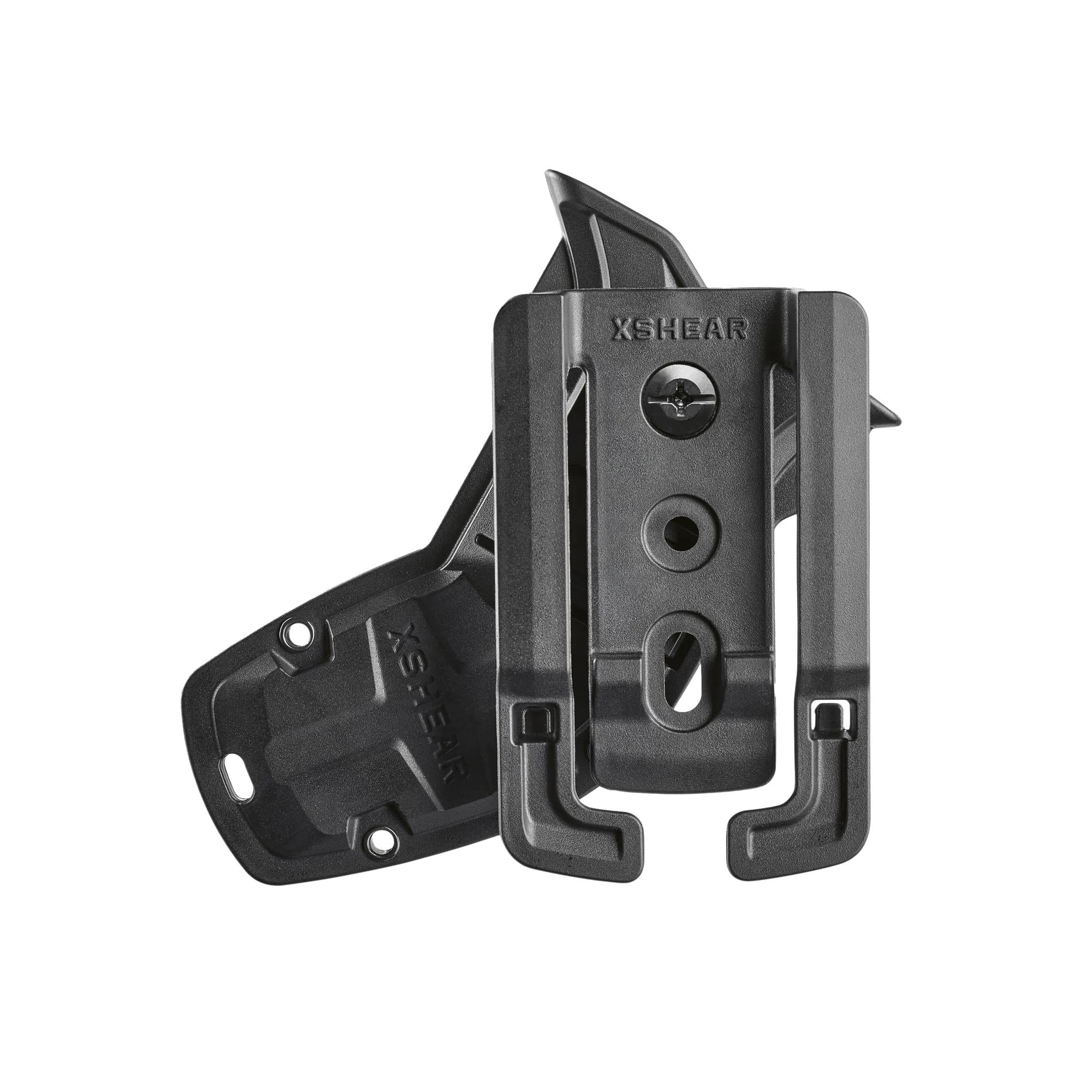 Schwarzer XSHEAR® Mini Tactical Holster aus robustem ABS mit Clip, Schraubmechanismus und teilweisem, verstellbarem Gurt zur flexiblen Befestigung.
