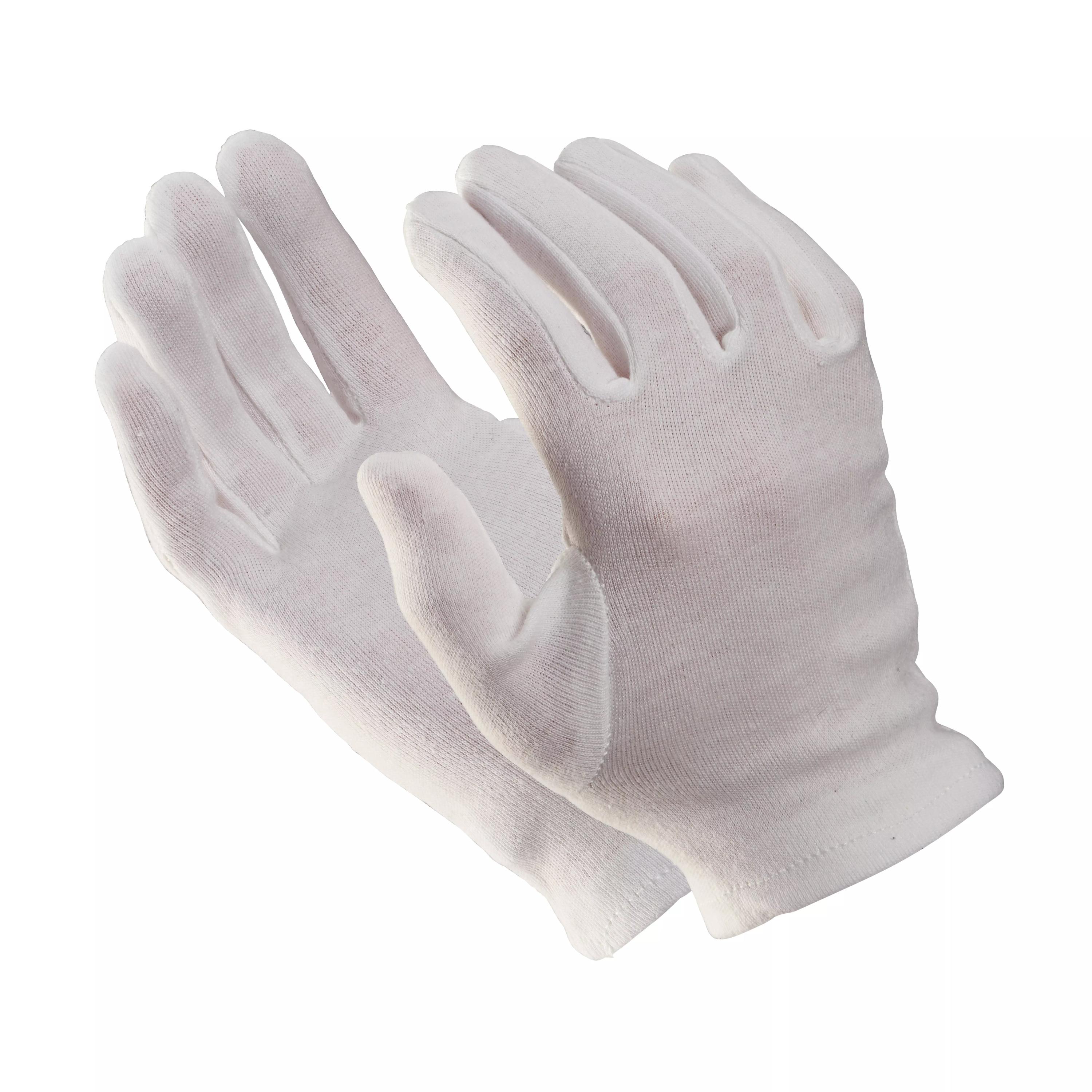 Ein Paar der weißen Baumwollhandschuh Filu, 12 Paar - Weiß, 9 wird gezeigt; sie sind weich und atmungsaktiv.
