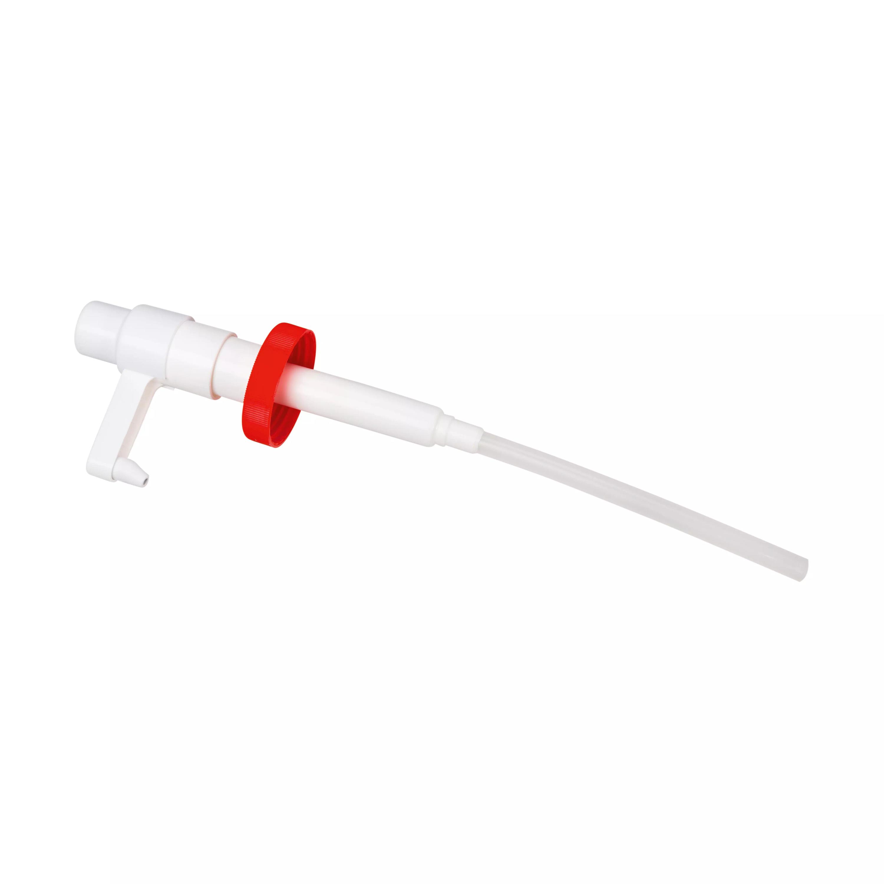 Dosierpumpe für 2500 ml Flaschen mit weißem Pumpkopf, flexiblem Schlauch und roter Kappe, zentral und freigestellt abgebildet.