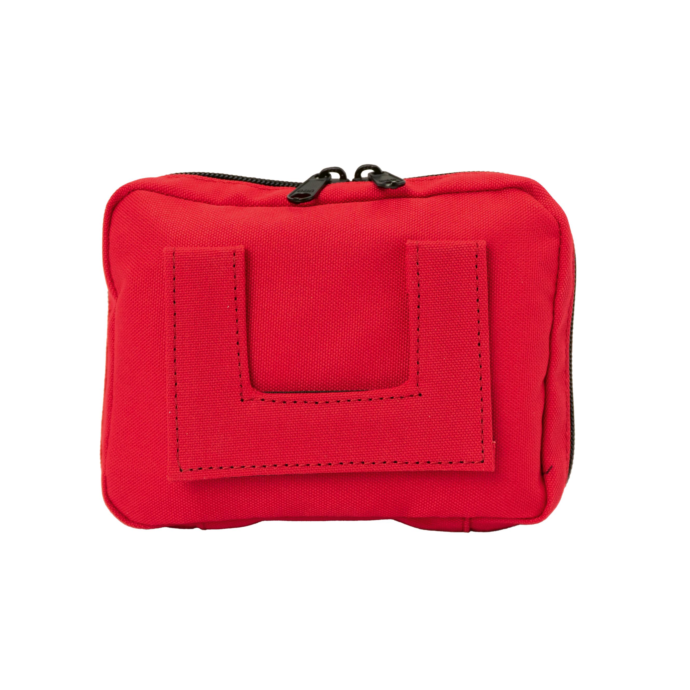 WERO Erste Hilfe Tasche - klein aus robustem Nylon 600D in Rot mit schwarzem Tragegriff und Gürtelschlaufe, rechteckig mit zwei schwarzen Reißverschlüssen.