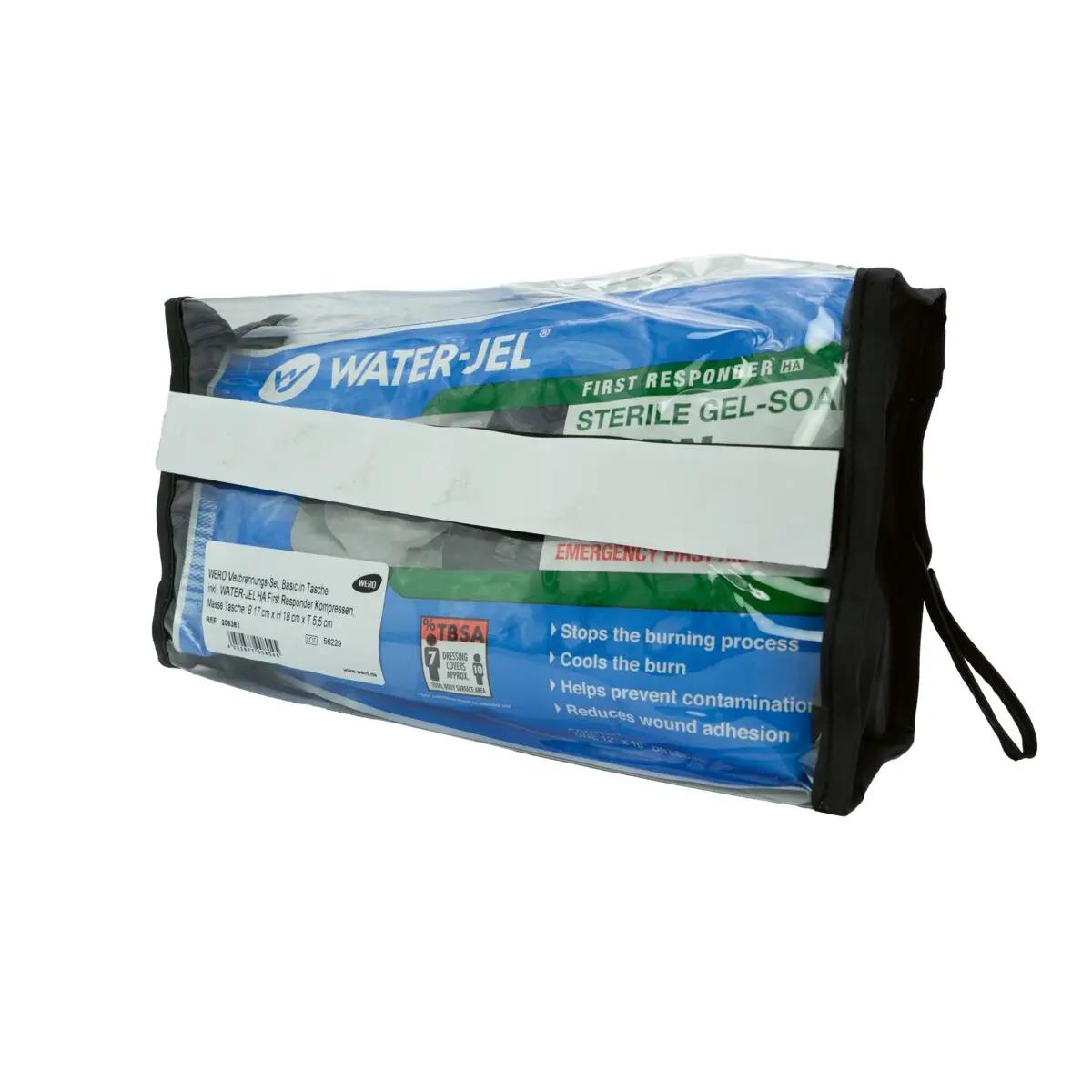 Schwarze WERO Verbrennungs-Set, Basic - Tasche mit weißem Tragegriff, deutlicher WATER-JEL Beschriftung und mehrfarbigen Produktinfos auf Etikett.