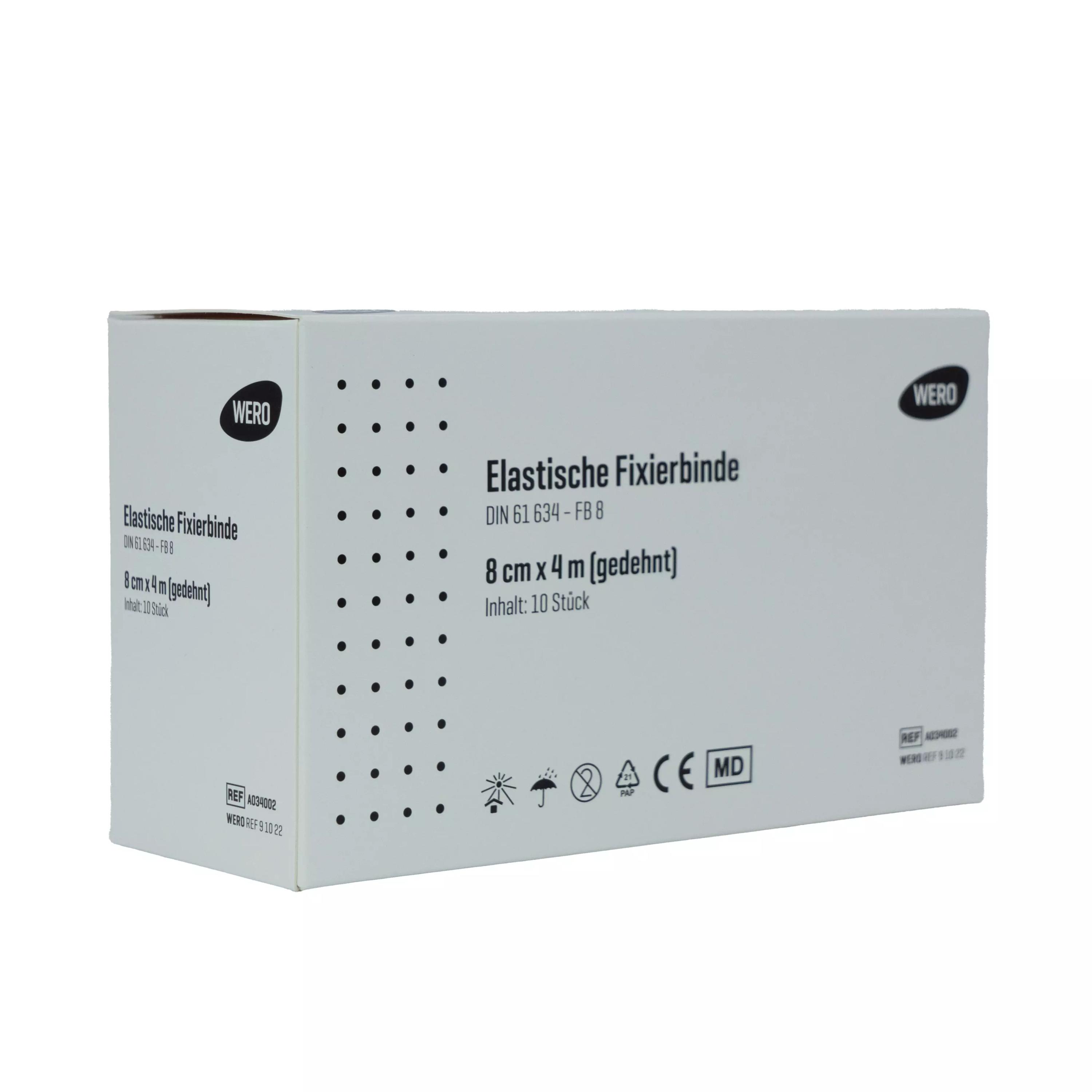 Eine stehende Packung Mullbinde Elastische Fixierbinde DIN 61634 - 8 cm, 10 Stk, zeigt Produktinfos, Maße und WERO-Logo auf der Vorderseite.