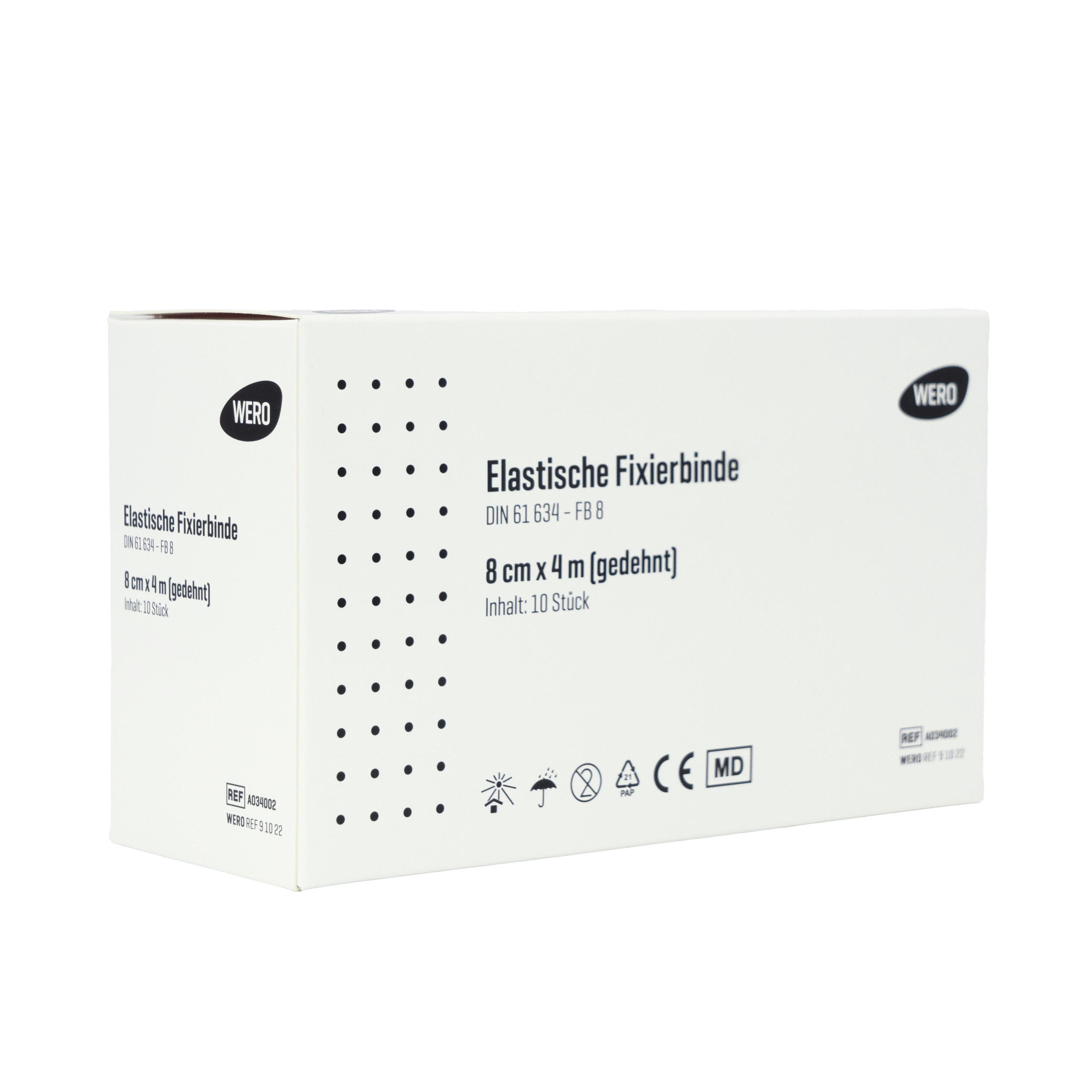 Eine stehende Packung Mullbinde Elastische Fixierbinde DIN 61634 - 8 cm, 10 Stk, zeigt Produktinfos, Maße und WERO-Logo auf der Vorderseite.