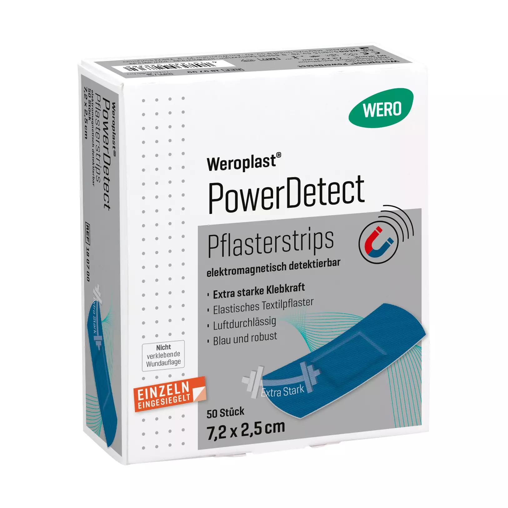 Weiße Verpackung mit Weroplast® PowerDetect Pflasterstrips, 7,2 x 2,5 cm, zeigt blaue, detektierbare, längs- und querelastische Pflaster mit extra starker Klebkraft.