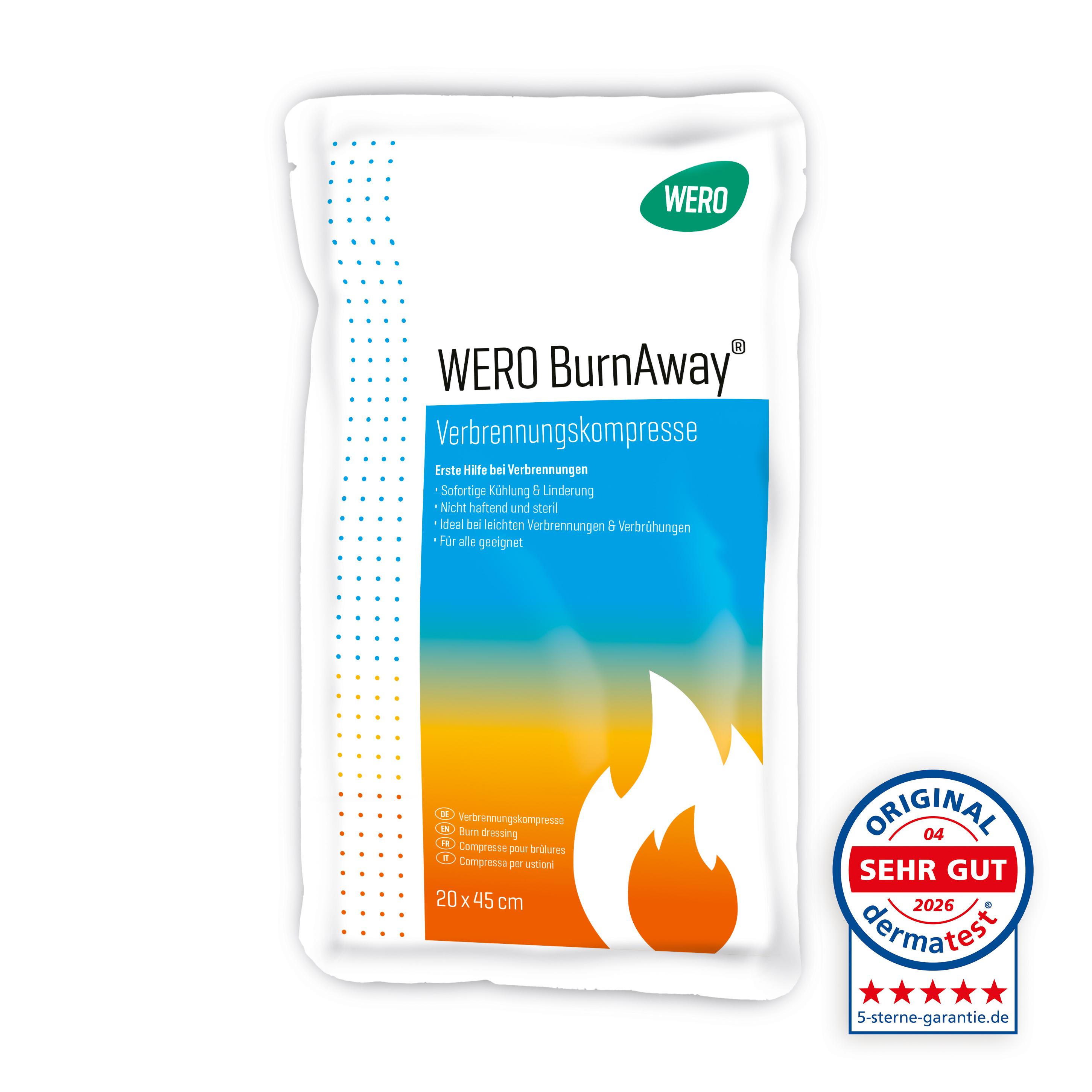 WERO BurnAway® Verbrennungskompresse in weißer Verpackung, Aufdruck mit grünem Logo, Hydrogel-Beschichtung, Größe 20 x 45 cm.