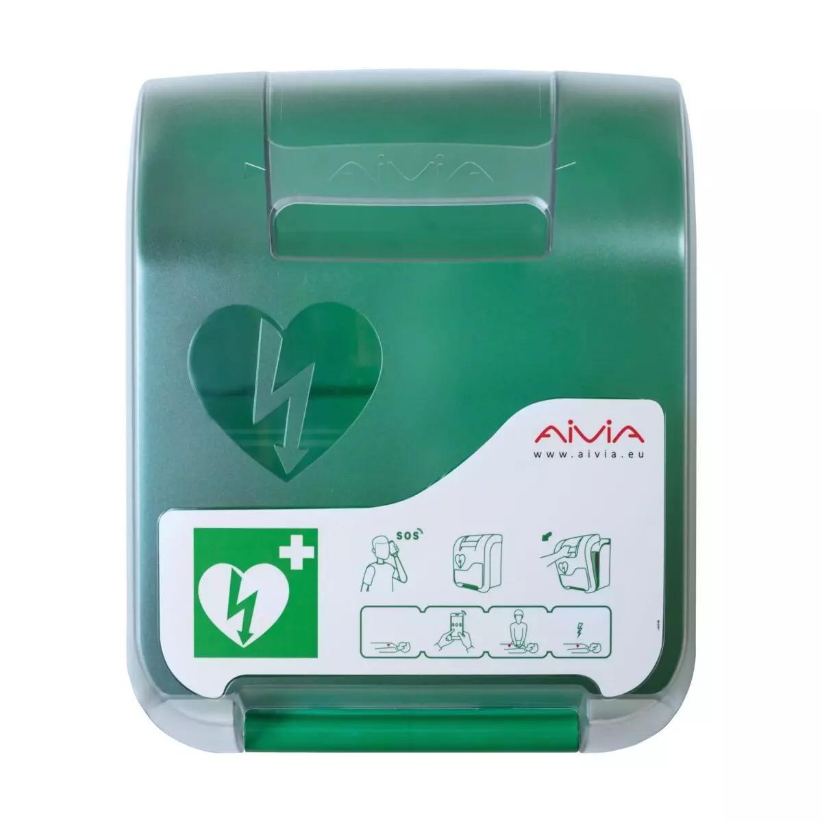 AED-Wandschrank AIVIA IN 100 mit transparenter Abdeckung, Handgriff und Symbolaufkleber für einfachen Zugriff auf den Defibrillator.