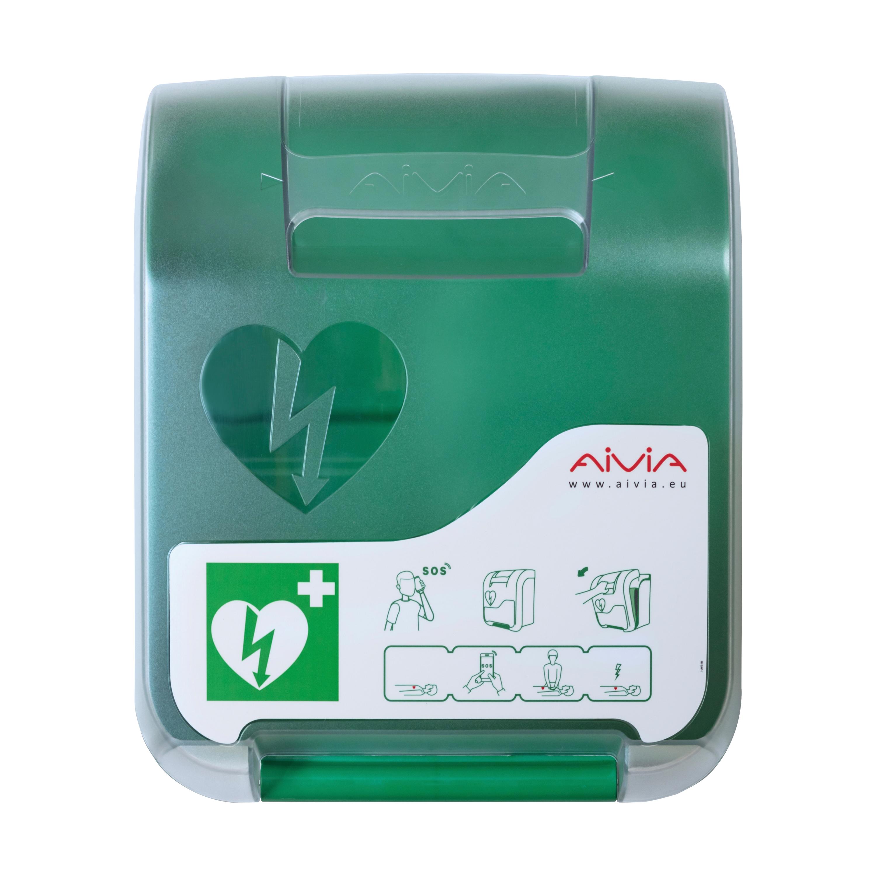 AED-Wandschrank AIVIA IN 100 mit transparenter Abdeckung, Handgriff und Symbolaufkleber für einfachen Zugriff auf den Defibrillator.