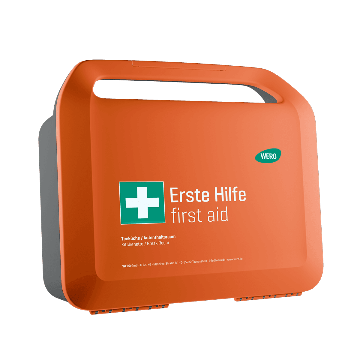 Orangefarbener Erste-Hilfe-Kasten mit Griff und Kreuzsymbol, gekennzeichnet für Teeküche oder Aufenthaltsraum.