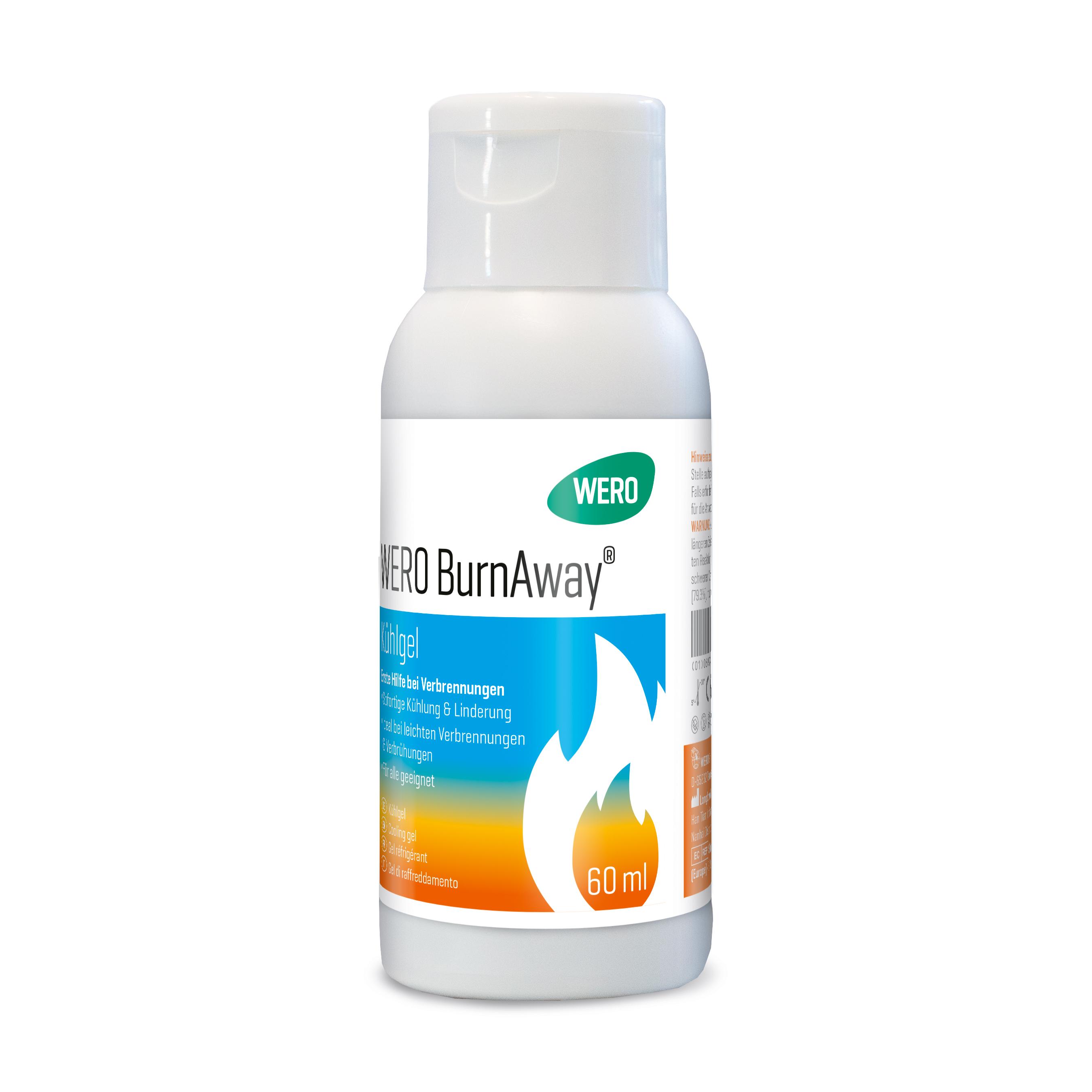 Weiße Kunststoffflasche WERO BurnAway® Verbrennungsgel 60 ml mit blau-orangefarbenem Flammendesign und Klappverschluss, Etikett auf Deutsch.