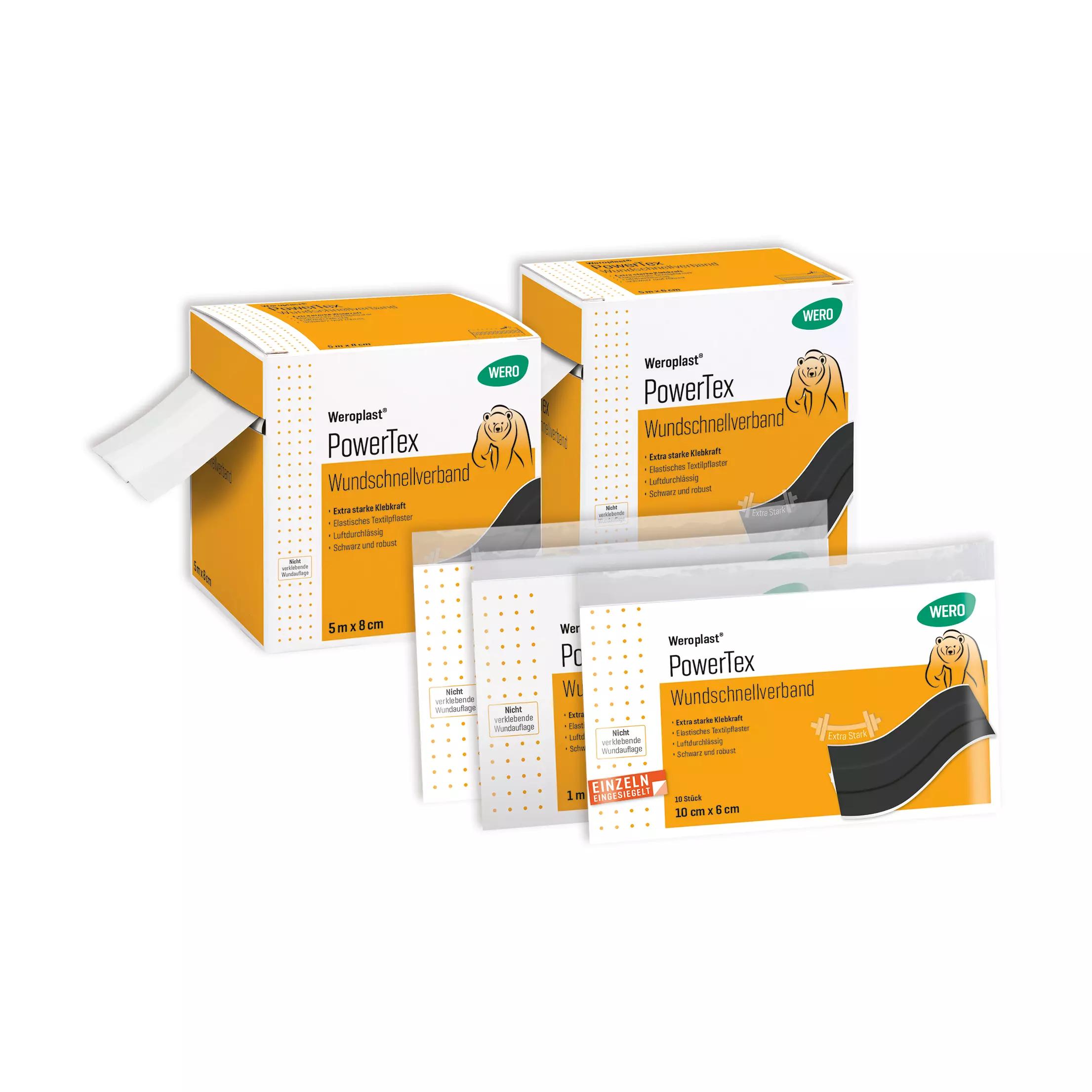 Vier Packungen Wundschnellverband Weroplast® PowerTex - 6 cm, 1 m mit orange-weißer Verpackung, Bärenmotiv und Produktdetails nebeneinander angeordnet.