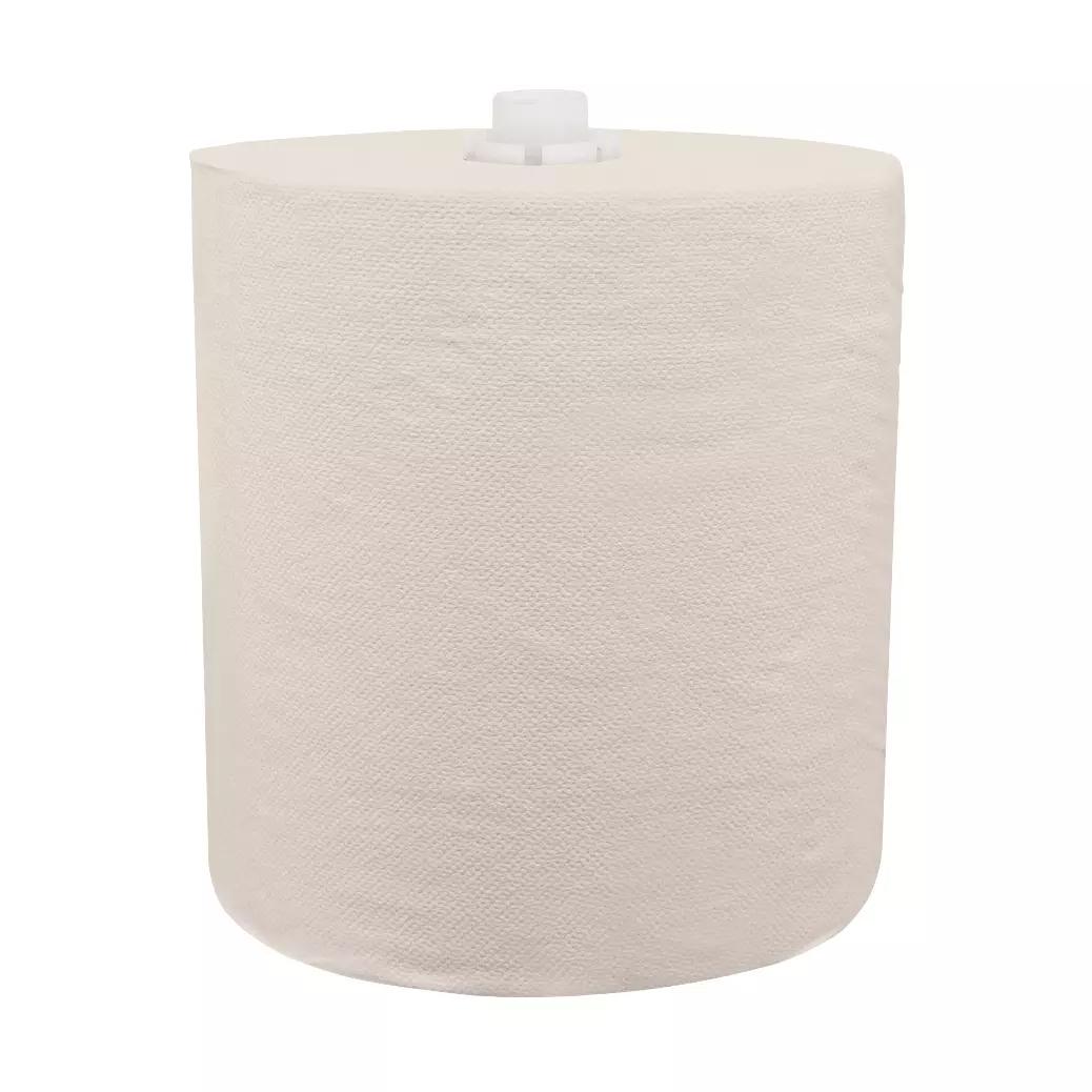 Eine einzelne Handtuchpapierrolle, 2-lagig, mit sanfter Textur und weißem Kunststoffadapter oben sichtbar.