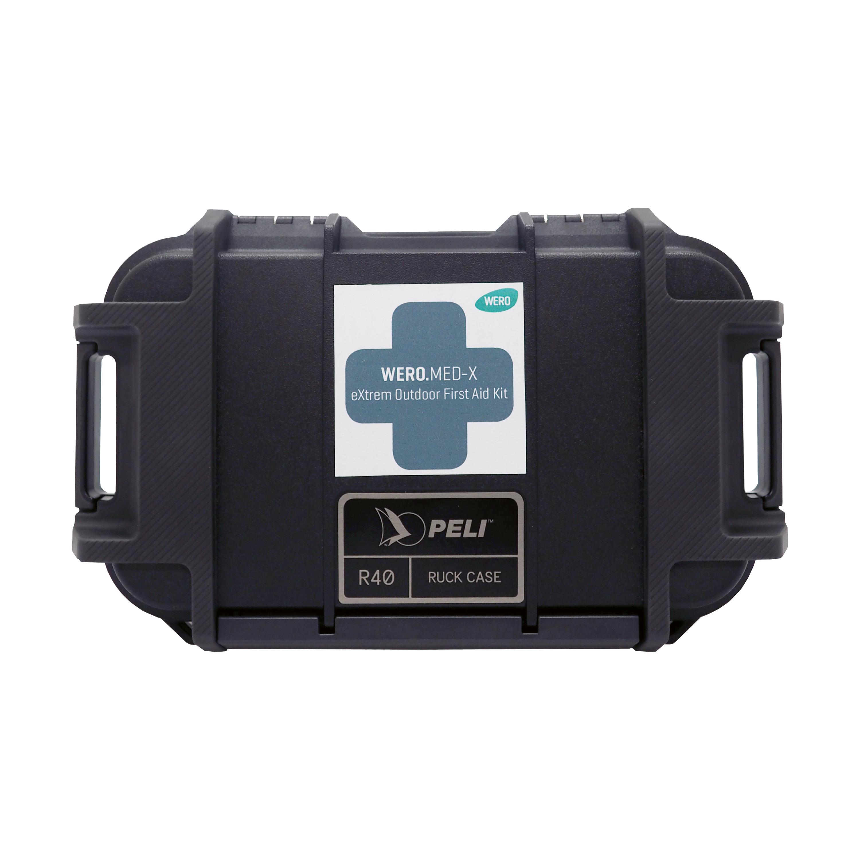 Schwarzes WERO MED-X® eXtrem Outdoor First Aid Kit im stabilen, bruchsicheren Peli R40 Ruck Case mit weißem Label und seitlichen Griffen.