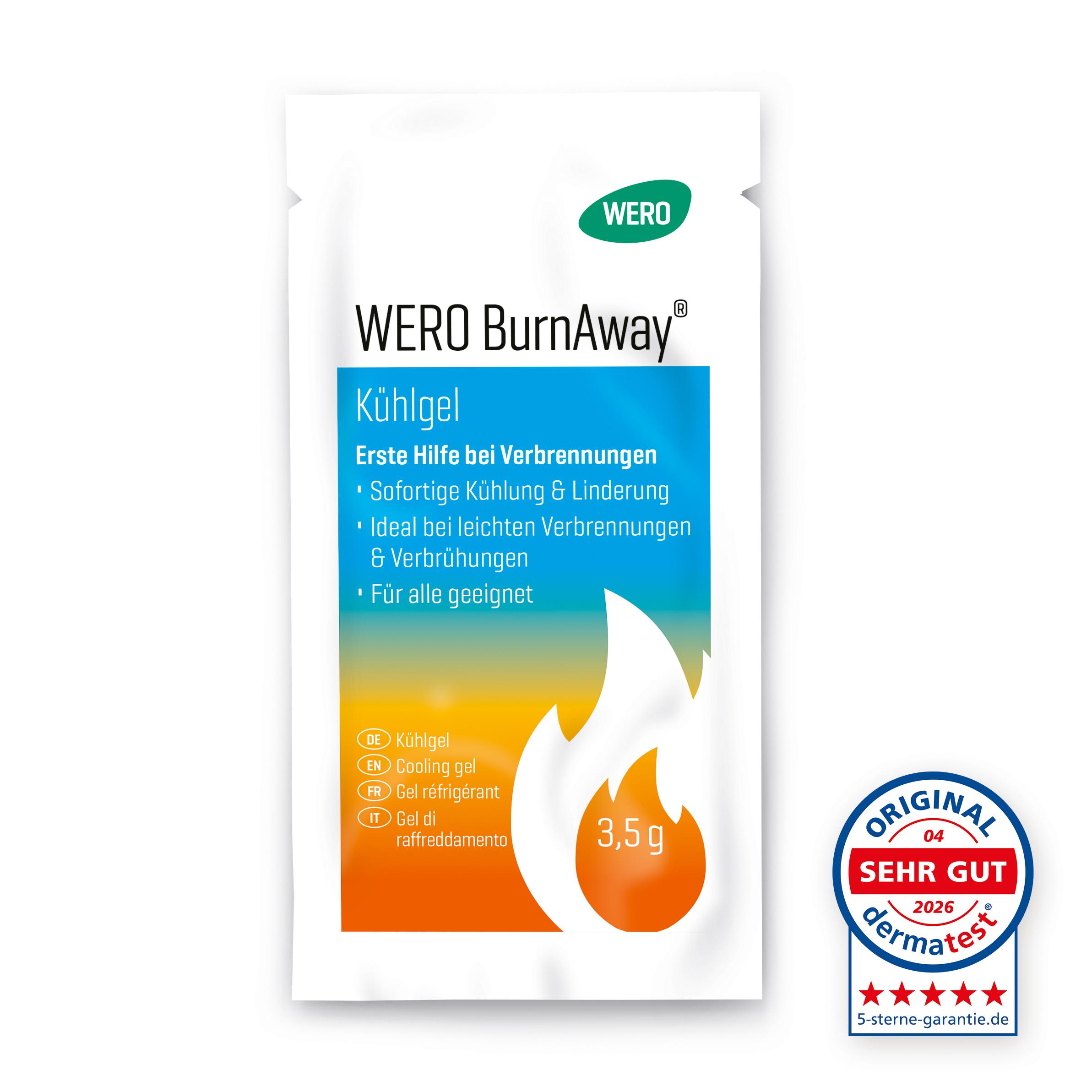 WERO BurnAway® Verbrennungsgel - 3 x 3,5 g in weißer Portionspackung mit orange-gelbem Flammendesign und klarer Aufschrift „Kühlgel“.
