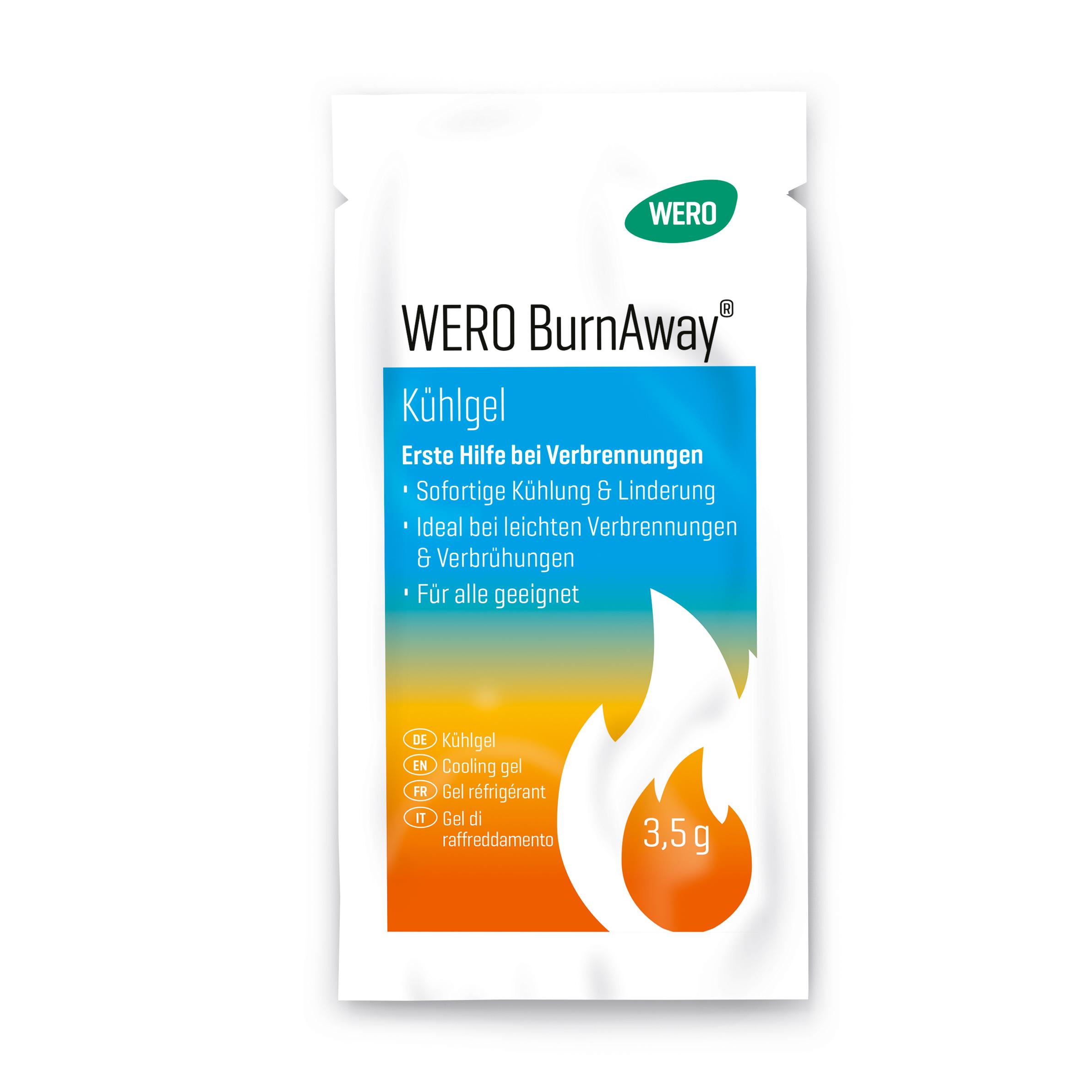 WERO BurnAway® Verbrennungsgel - 3 x 3,5 g in weißer Portionspackung mit orange-gelbem Flammendesign und klarer Aufschrift „Kühlgel“.