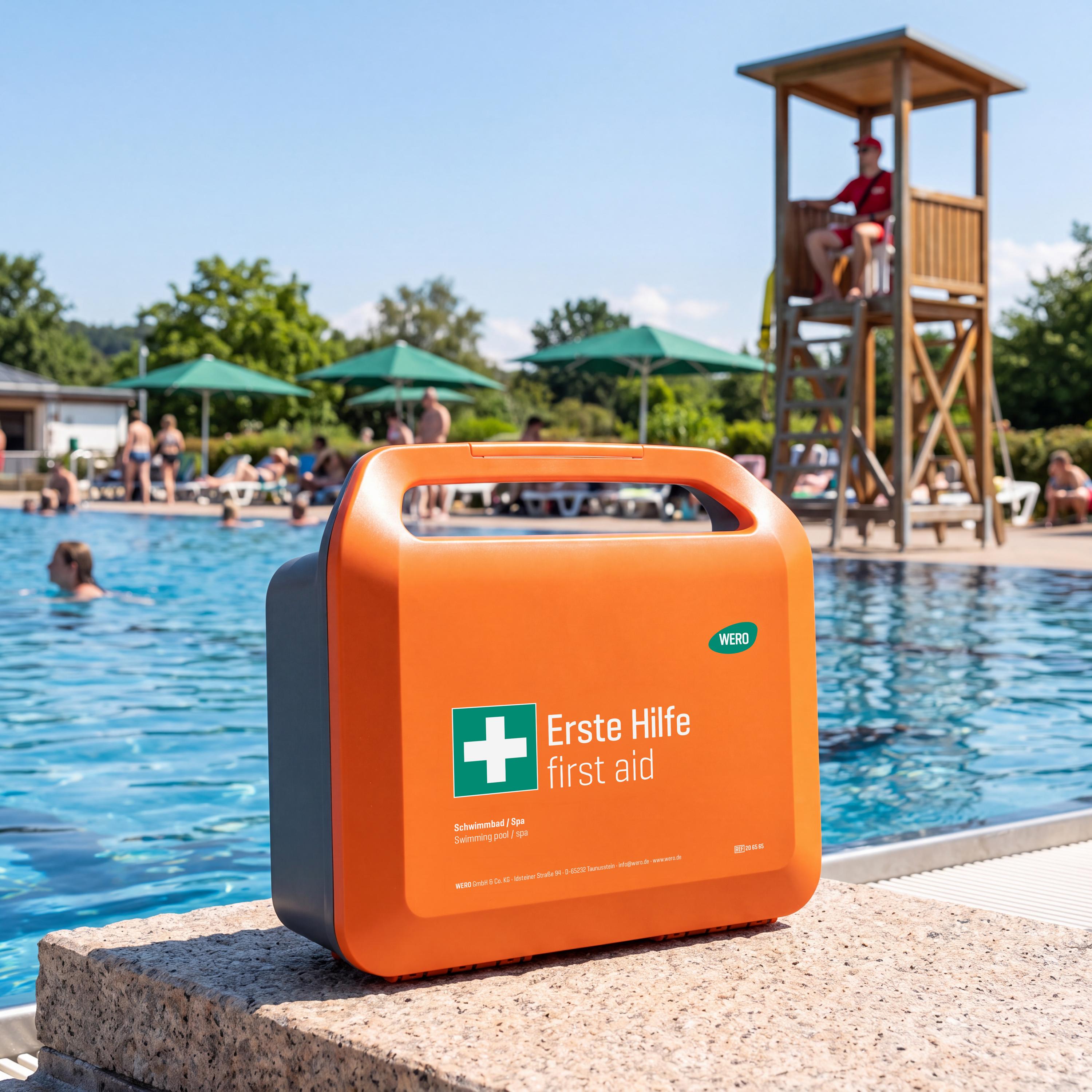 Oranger Erste-Hilfe-Kasten mit weißem Kreuz und Aufschrift "Erste Hilfe first aid" steht am Poolrand.