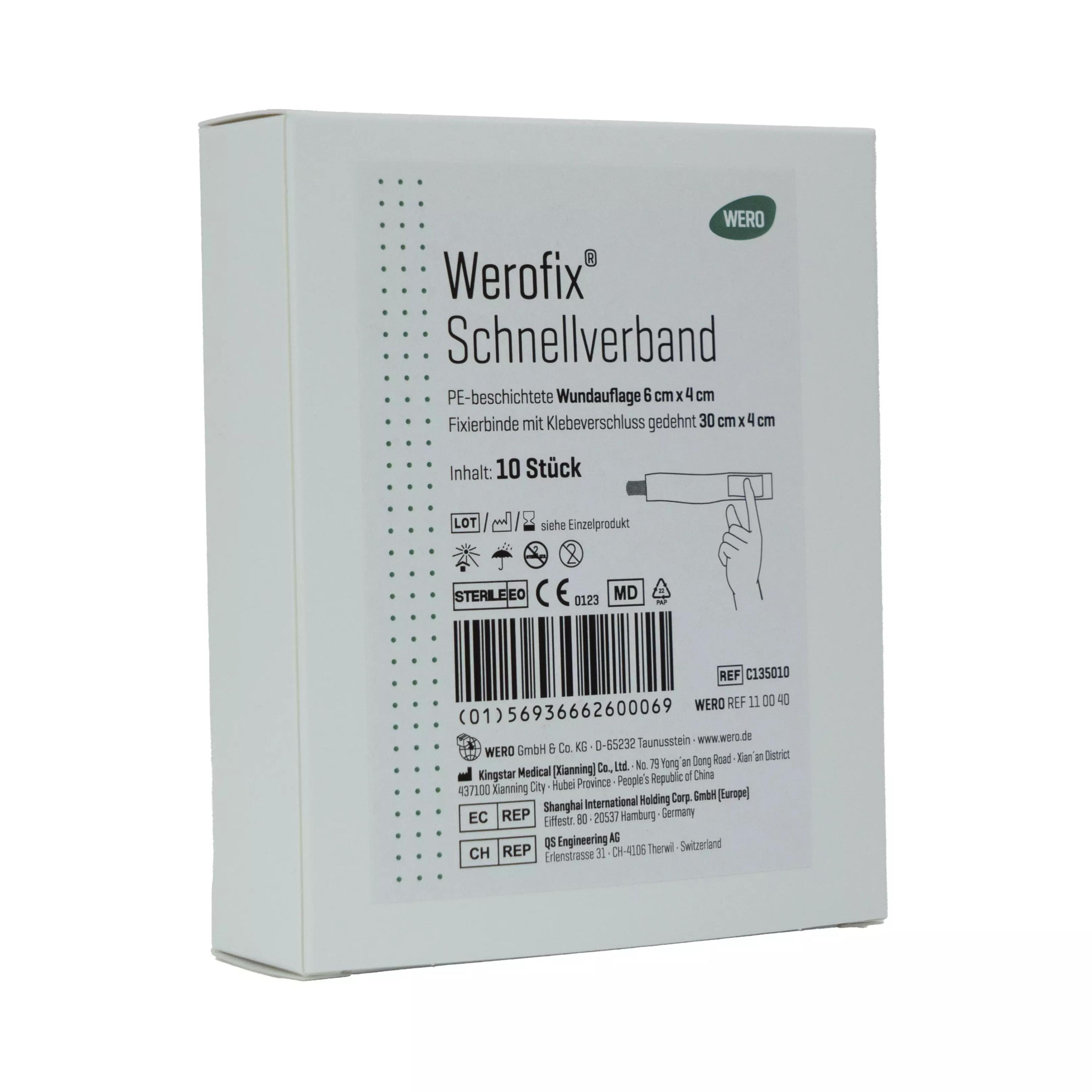 Weiße Werofix® Schnellverband, steril - 10 Stk Verpackung mit Herstellerangaben, grünem WERO-Logo und Illustration für die saugstarke, beschichtete Wundauflage.