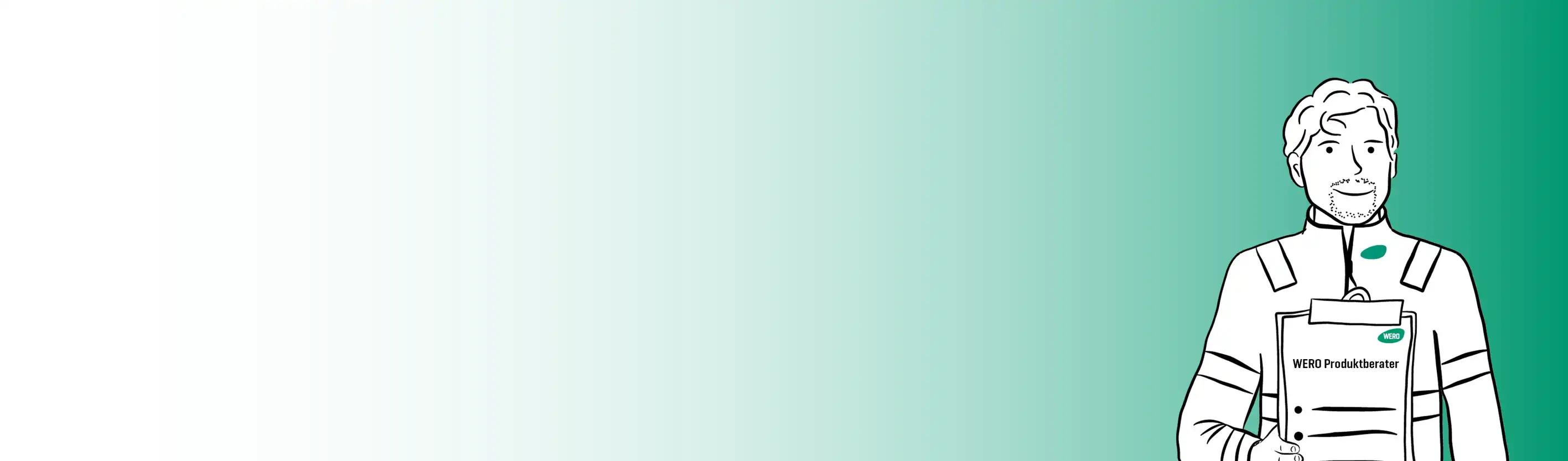 Cartoonhafter Mann im weißen WERO-Jackett mit schwarzen Streifen hält einen Klemmbrett und blickt freundlich nach vorne.