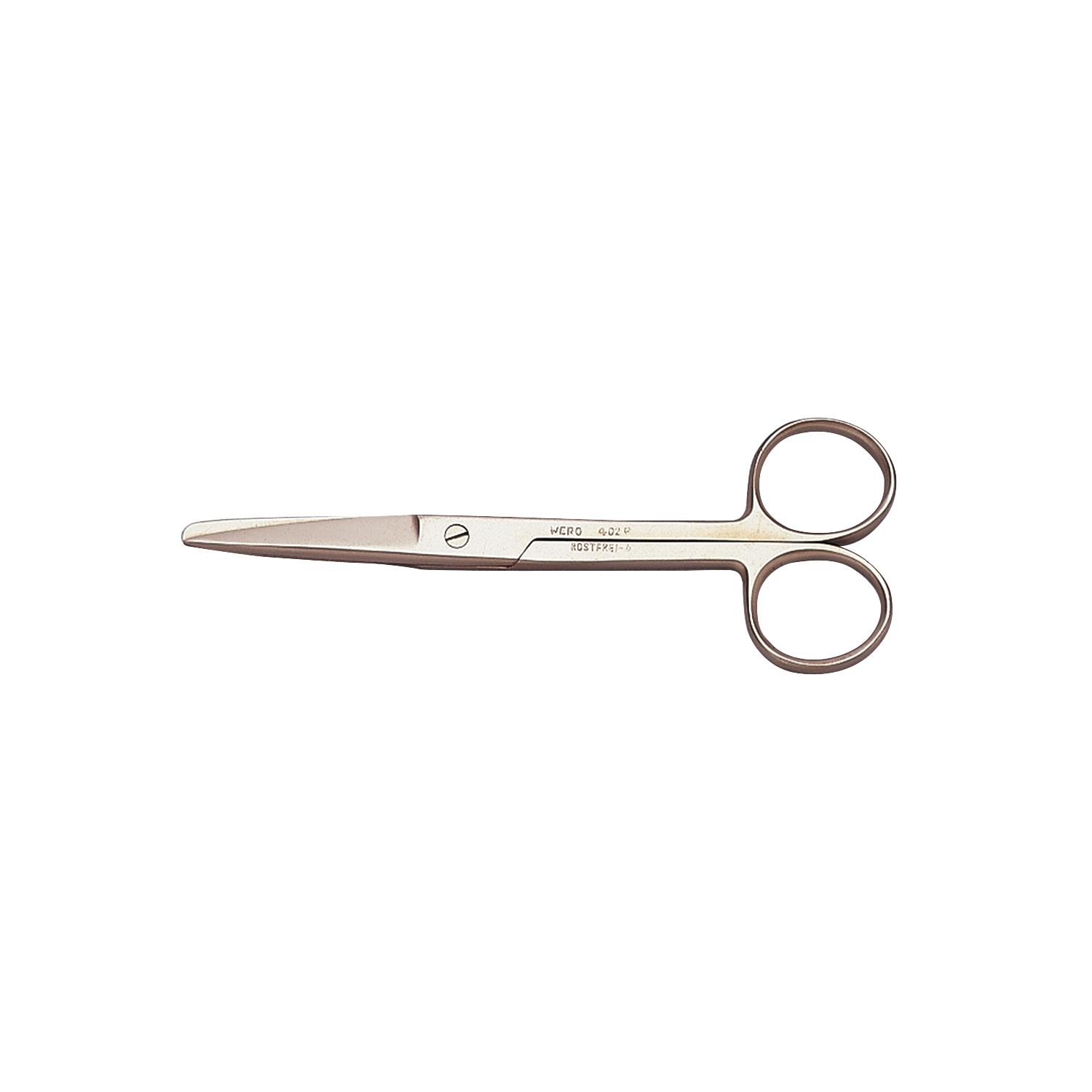 Eine silberne Verbandschere, 14 cm, mit geradem, spitz-stumpfem, rostfreiem Metall und runden Griffen liegt geöffnet auf weißem Grund.