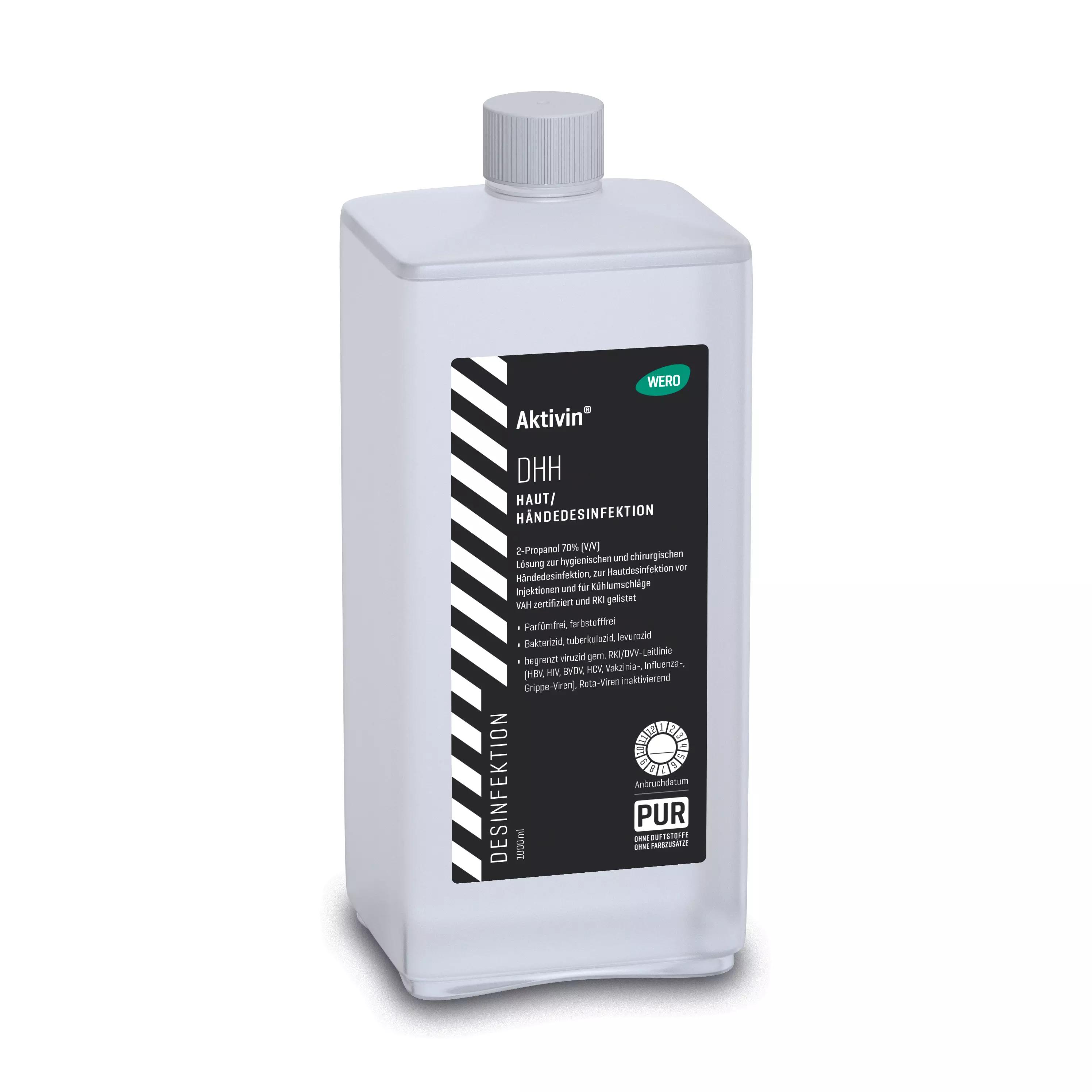 Eine weiße, quadratische 1000-ml-Flasche Haut- und Händedesinfektionsmittel Aktivin® DHH mit Schraubverschluss und schwarzer Beschriftung.