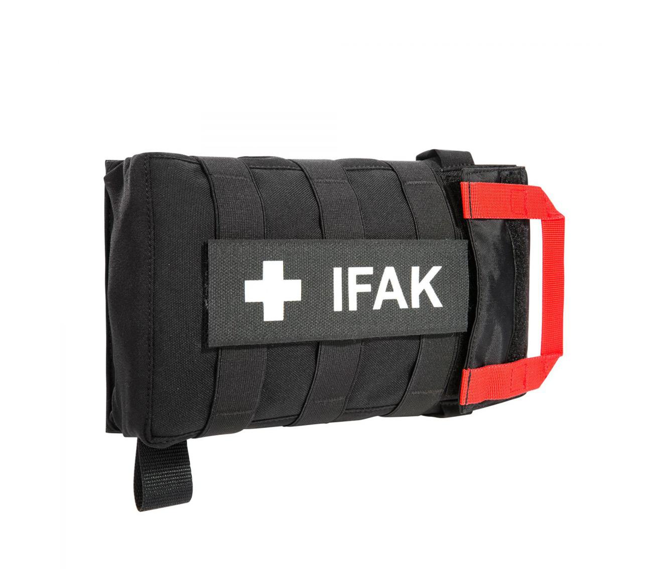 Produktabbildung des IFAK. Rote Tragegriffe, Schriftzug mit weißen Lettern und Kreuz auf schwarzem Grund