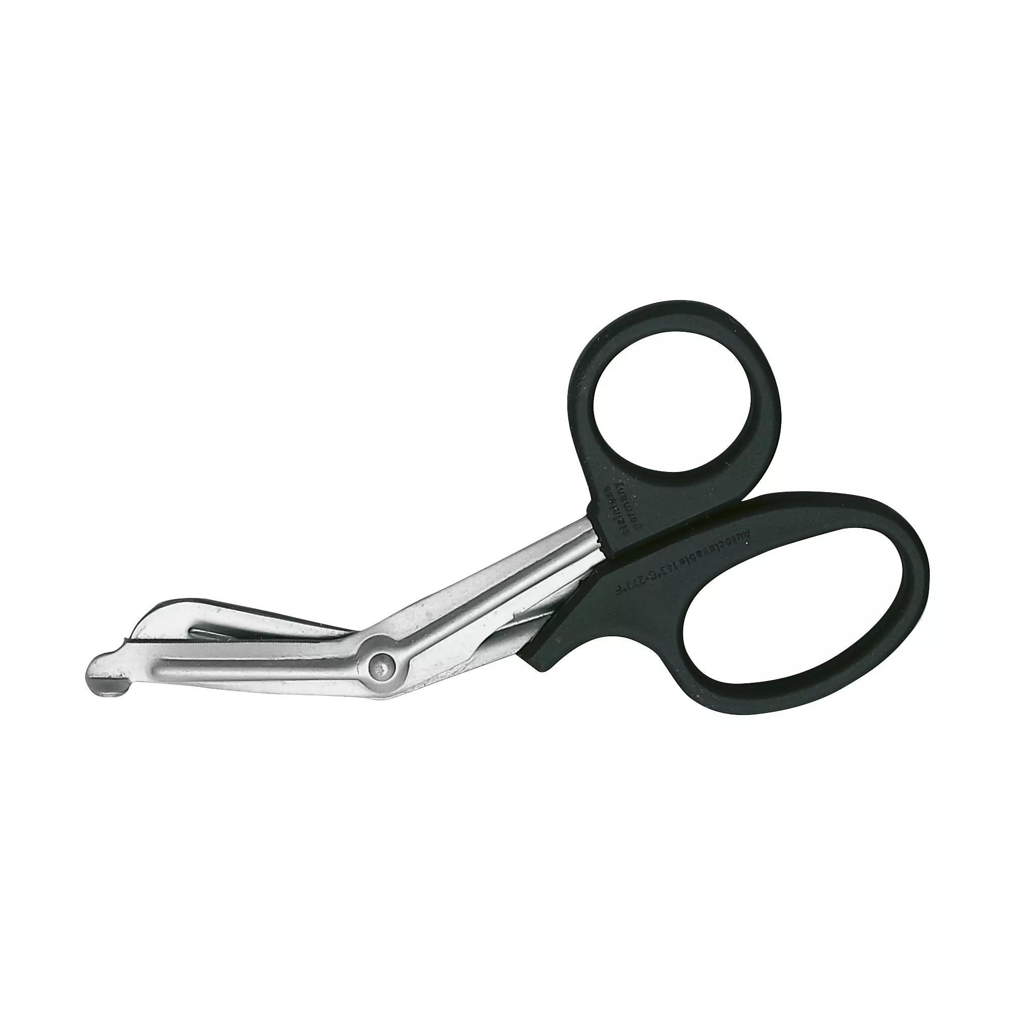 Universalschere DIN 58279 - 19 cm mit scharfen, silbernen Klingen und gezackter Oberkante, schwarze ergonomische Griffe im geöffneten Zustand.