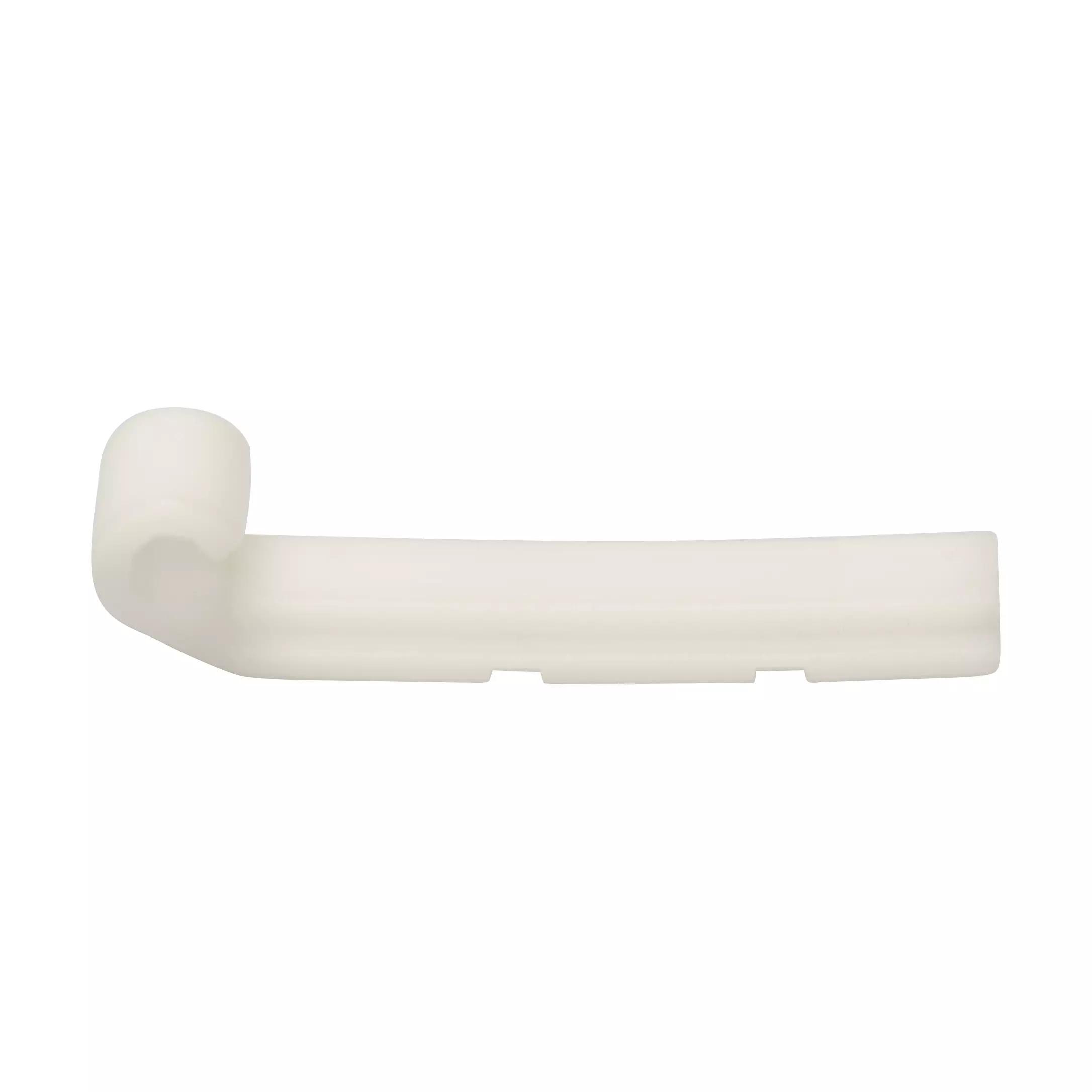 Weißes Scharnier für Abdeckscheibe für Werotop® 350 aus flexiblem Kunststoff mit Haken, Schlitz und kleiner Öffnung am Ende.