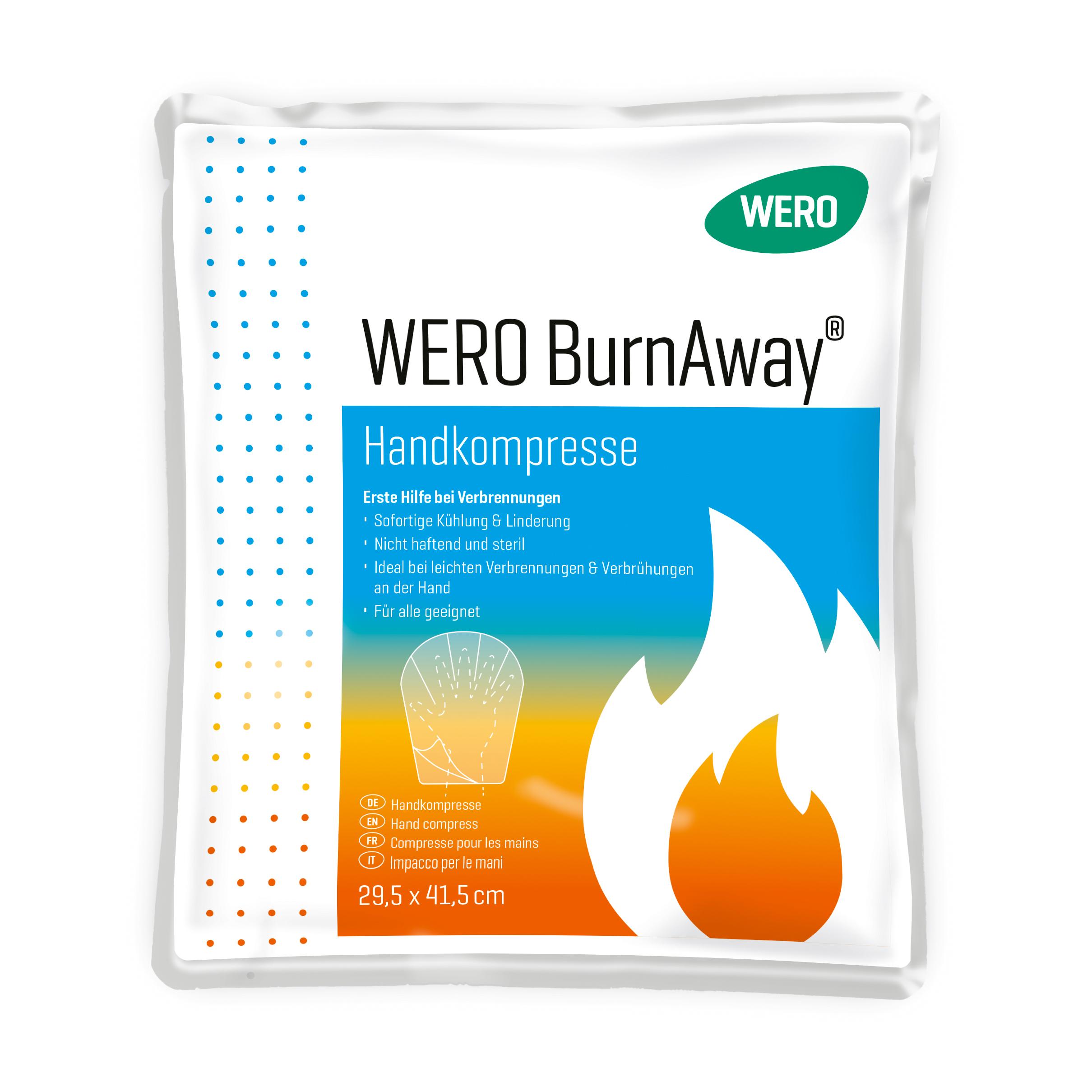 WERO BurnAway® Handkompresse, flexibel verpackt, zeigt blaue und orange Akzente, Produktinfos sowie Handkompressen-Grafik sichtbar.