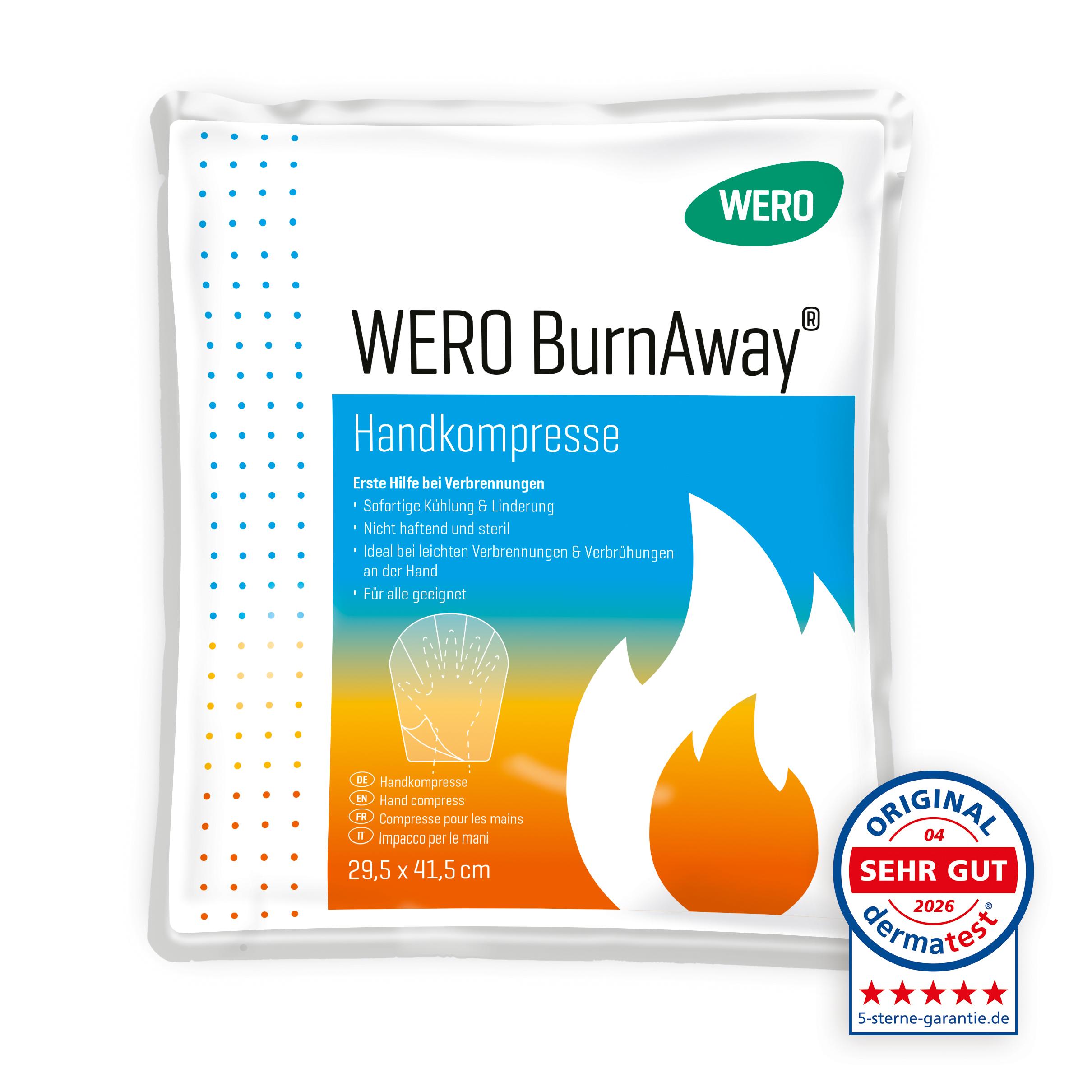 WERO BurnAway® Handkompresse, flexibel verpackt, zeigt blaue und orange Akzente, Produktinfos sowie Handkompressen-Grafik sichtbar.