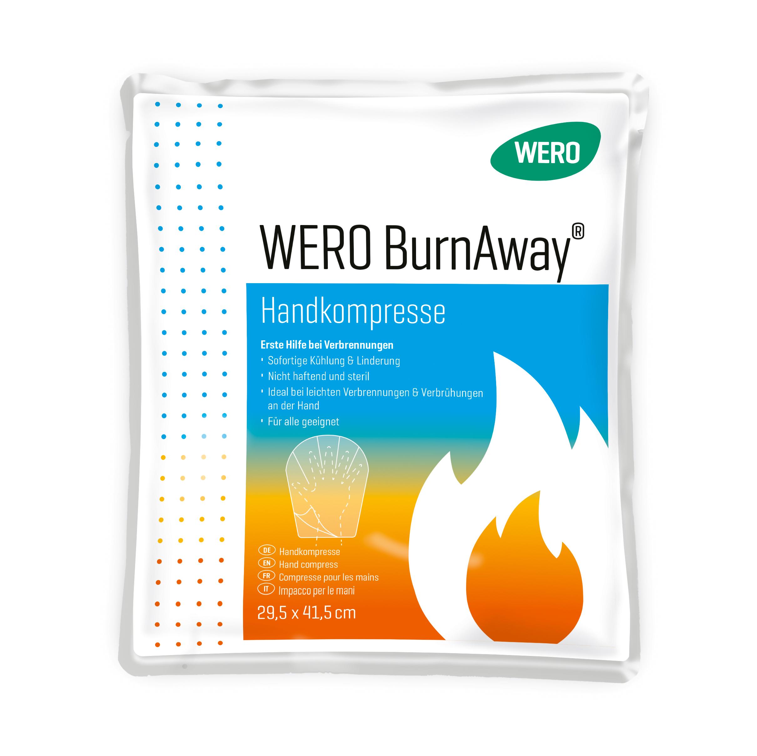 WERO BurnAway® Handkompresse, flexibel verpackt, zeigt blaue und orange Akzente, Produktinfos sowie Handkompressen-Grafik sichtbar.