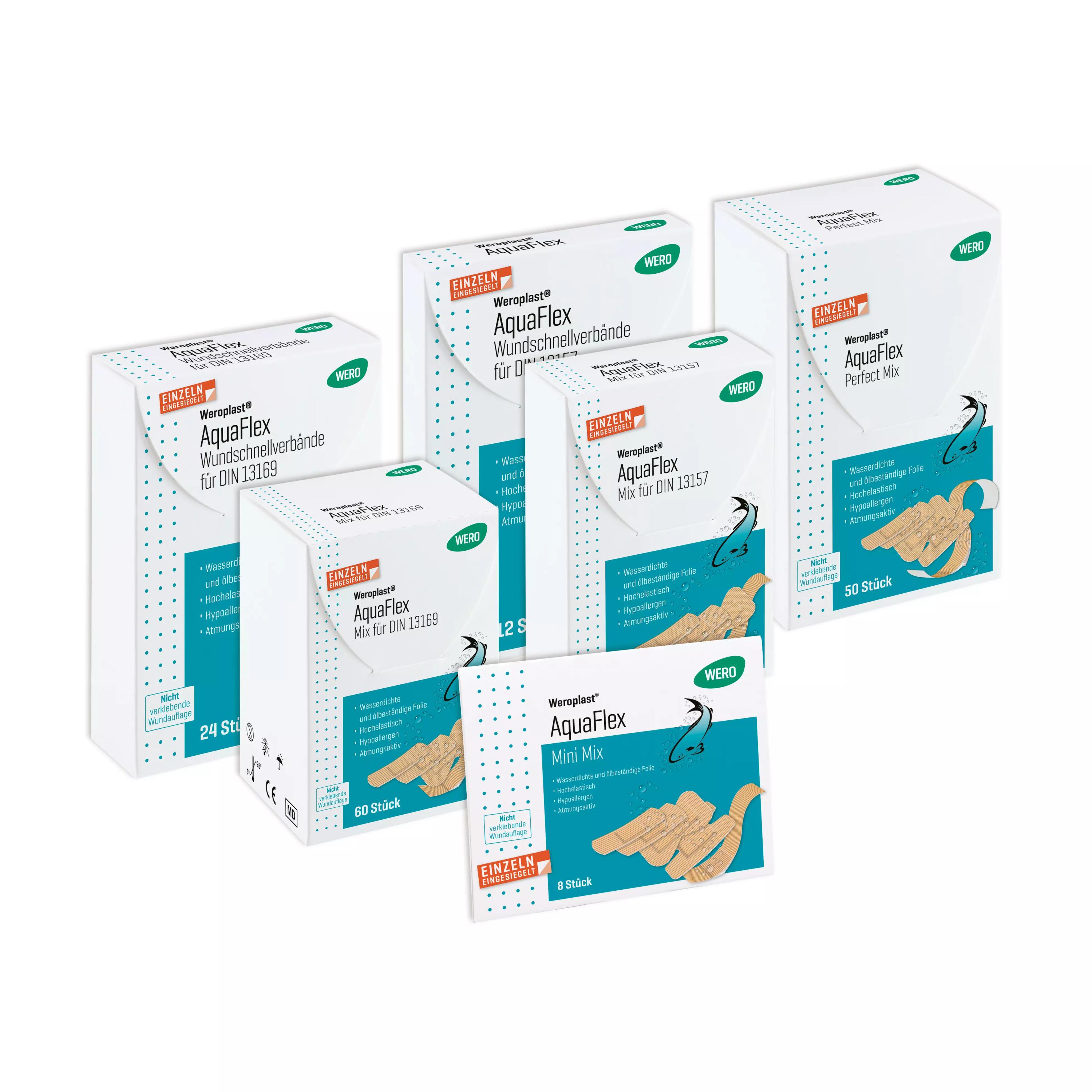 Fünf Verpackungen des Weroplast® AquaFlex Pflaster - Mini Mix mit Hinweis auf wasserdicht, flexibel und Schutz vor Hautaufweichung.