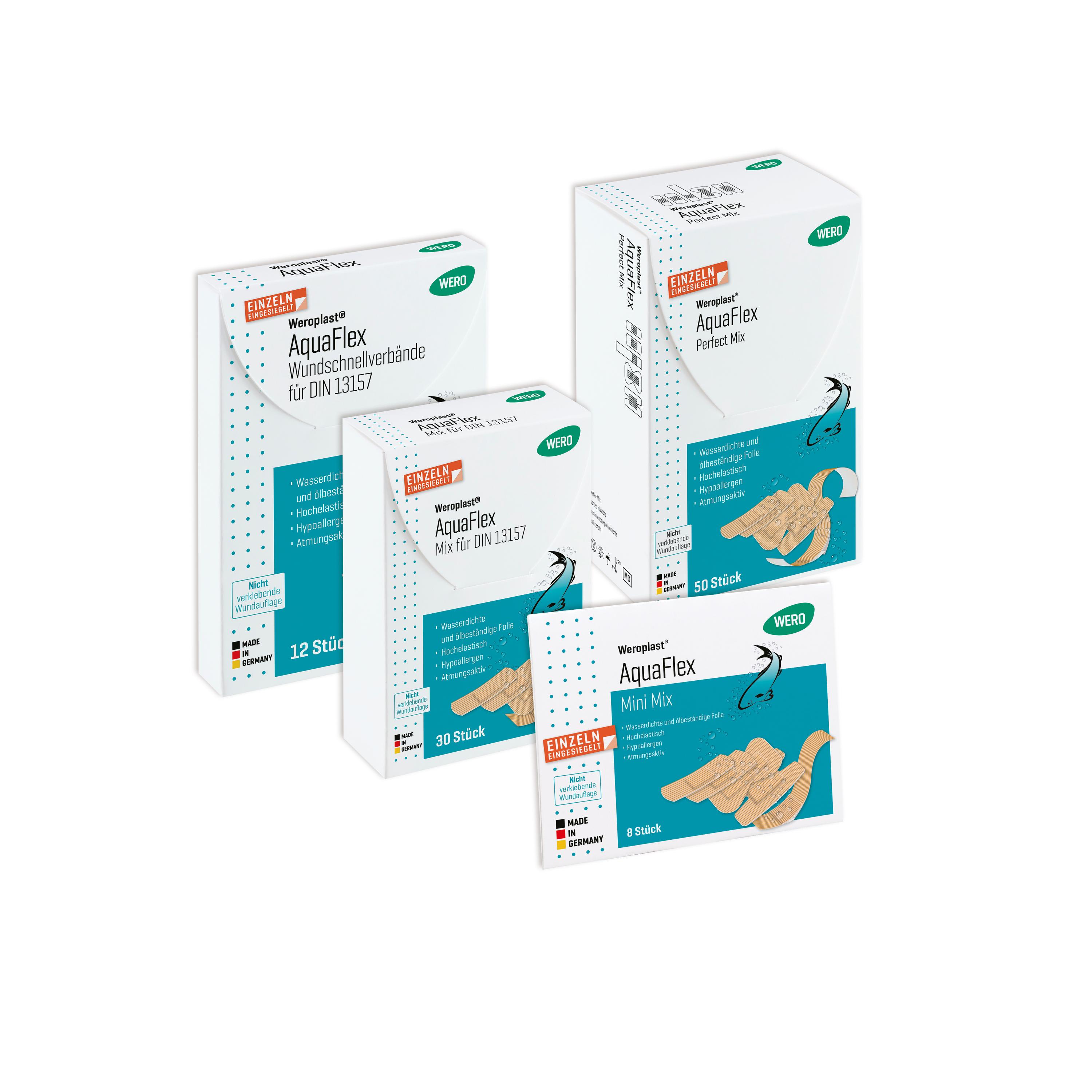 Fünf Verpackungen des Weroplast® AquaFlex Pflaster - Mini Mix mit Hinweis auf wasserdicht, flexibel und Schutz vor Hautaufweichung.