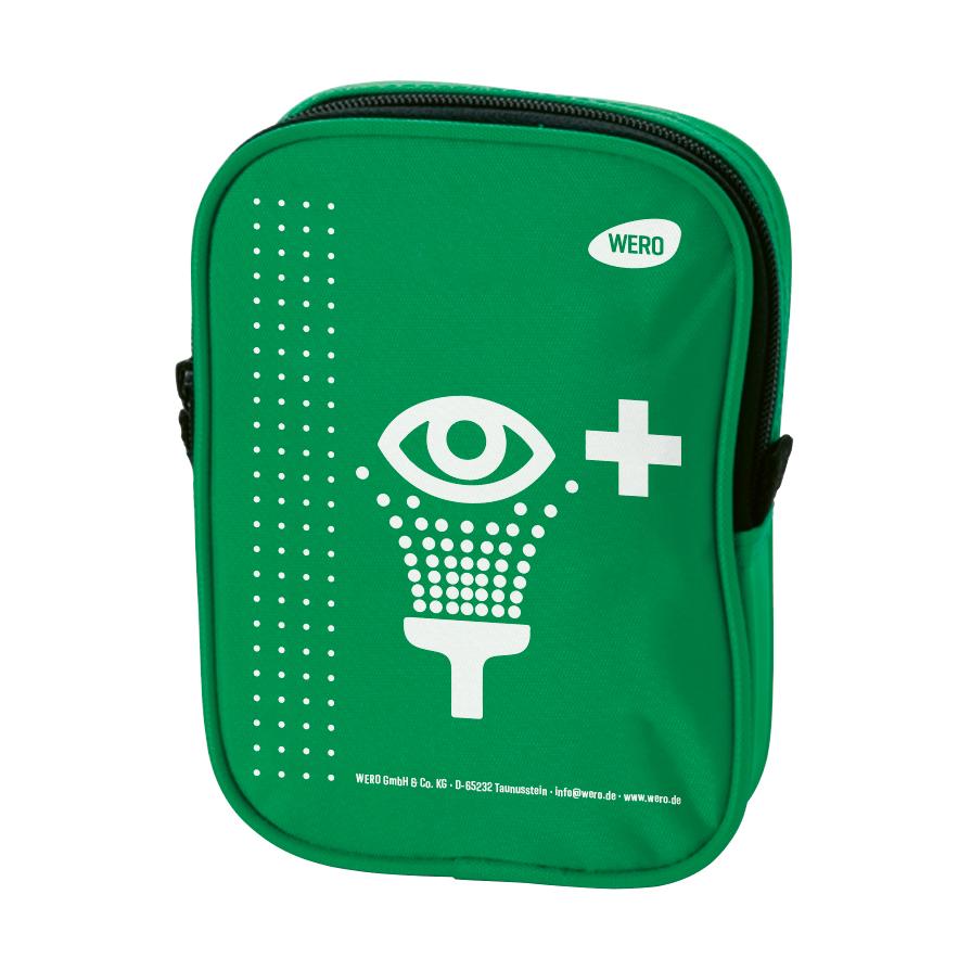 Grüne Gürteltasche für WERO-Augenspülflasche mit Reißverschluss, schwarzem Tragegriff und aufgedrucktem Augensymbol mit Tropfen.