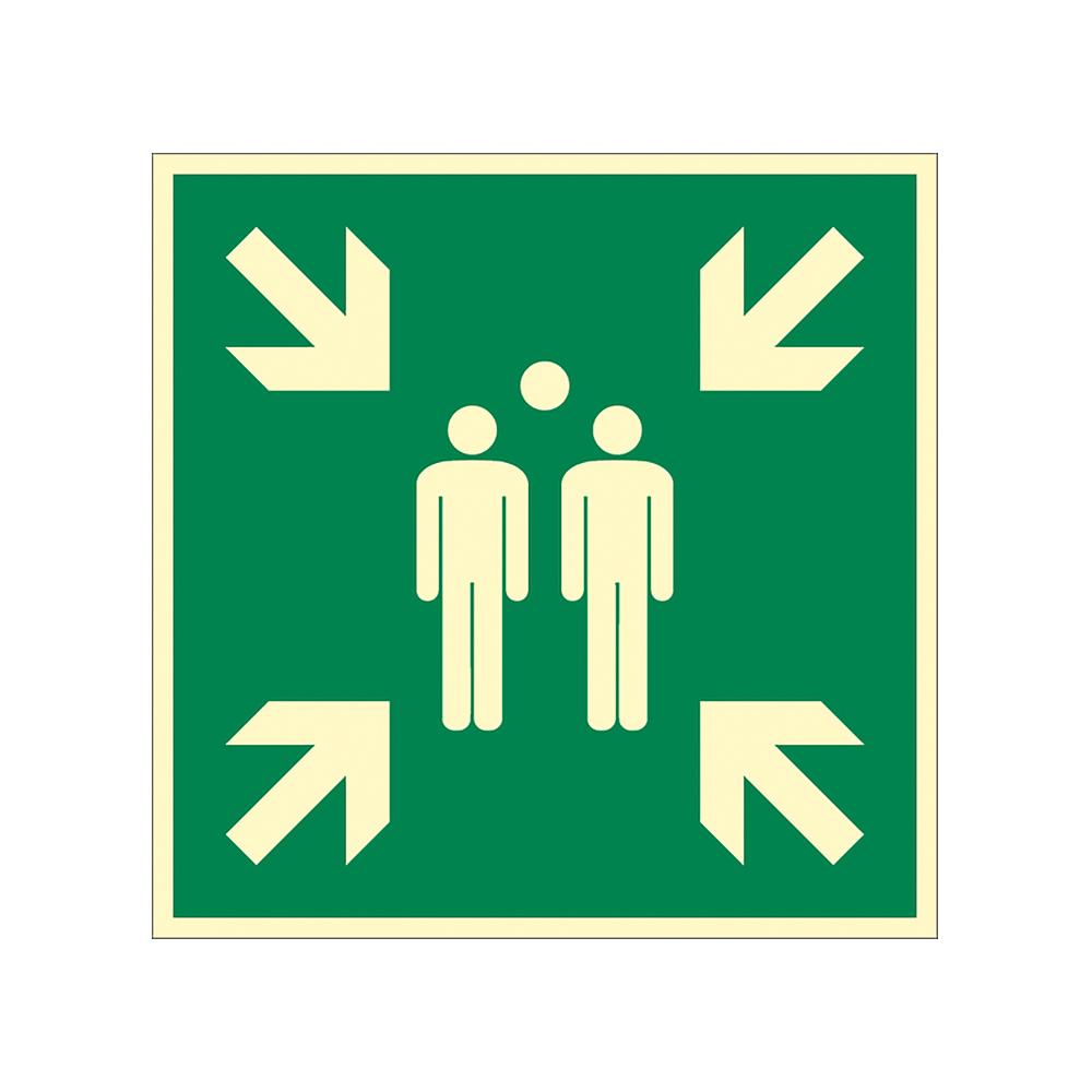 Zwei stilisierte, helle Figuren mit rundem Kreis zwischen sich stehen auf grünem Rettungszeichen "Rettungszeichen: Sammelstelle - Kunststoff" mit weißen Richtungspfeilen.