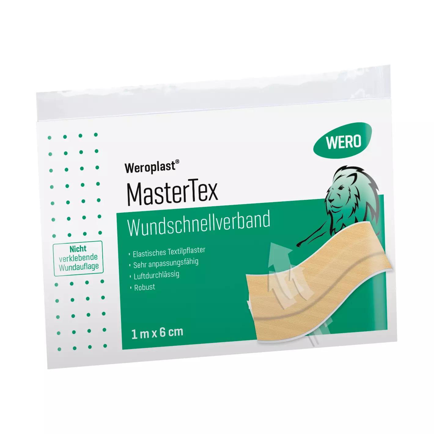 Rechteckige Verpackung des Wundschnellverband Weroplast® MasterTex - 6 cm, 1 m mit grünem Etikett, lion-Grafik und Anwendungshinweisen.