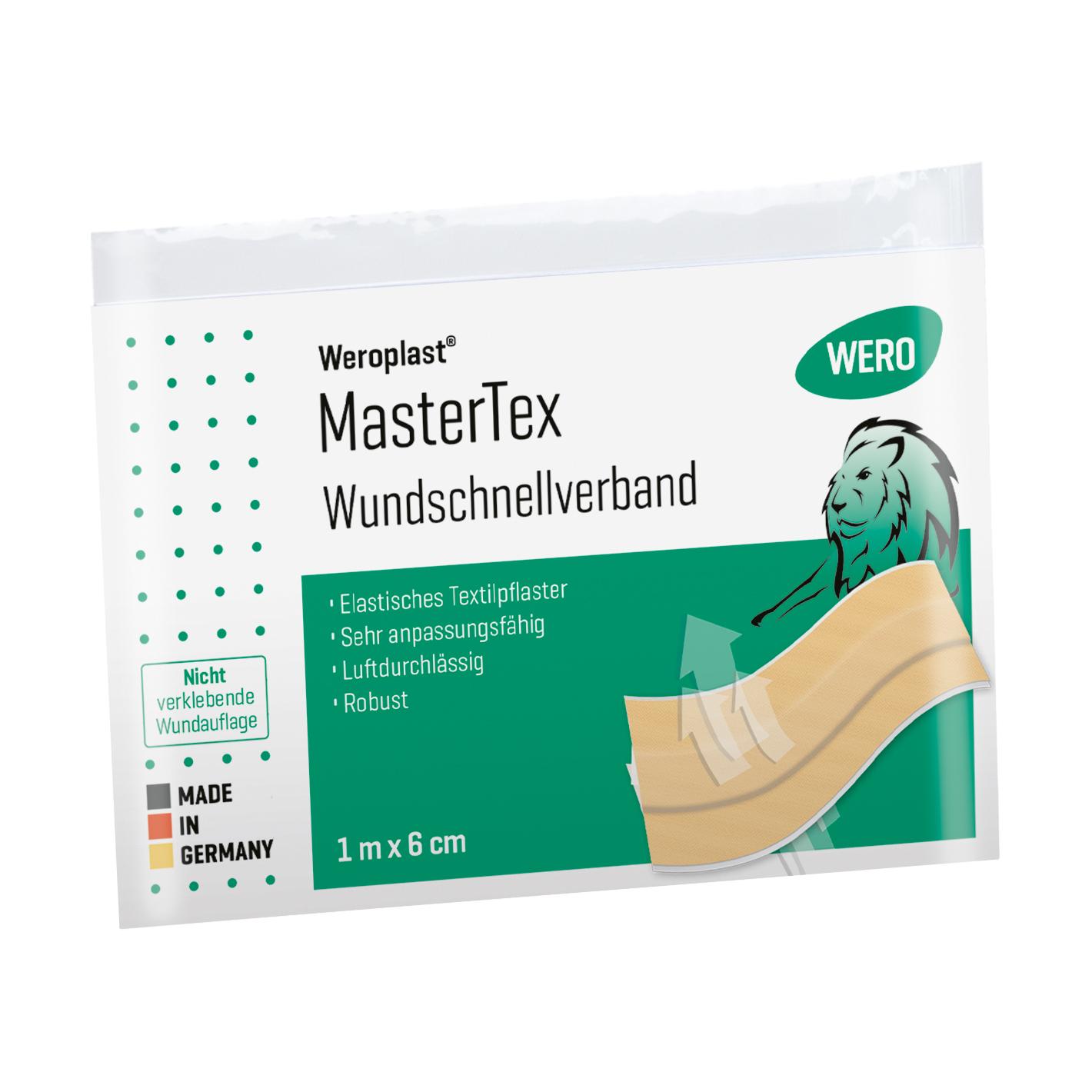 Rechteckige Verpackung des Wundschnellverband Weroplast® MasterTex - 6 cm, 1 m mit grünem Etikett, lion-Grafik und Anwendungshinweisen.