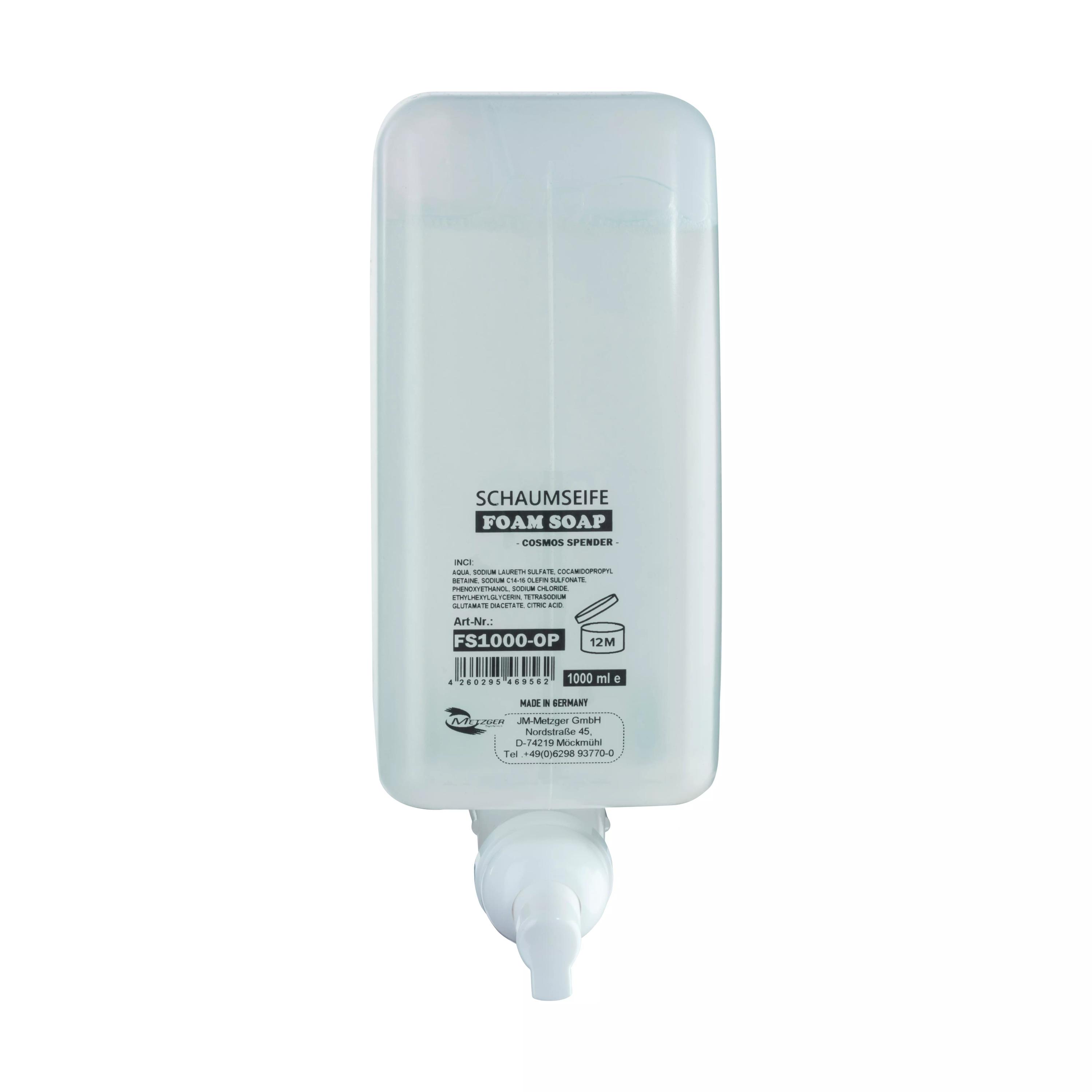 Eine nahezu leere, transparente rechteckige Flasche Schaumseife RATIO - parfümfrei mit weißem Etikett für ca. 2.500 Anwendungen.