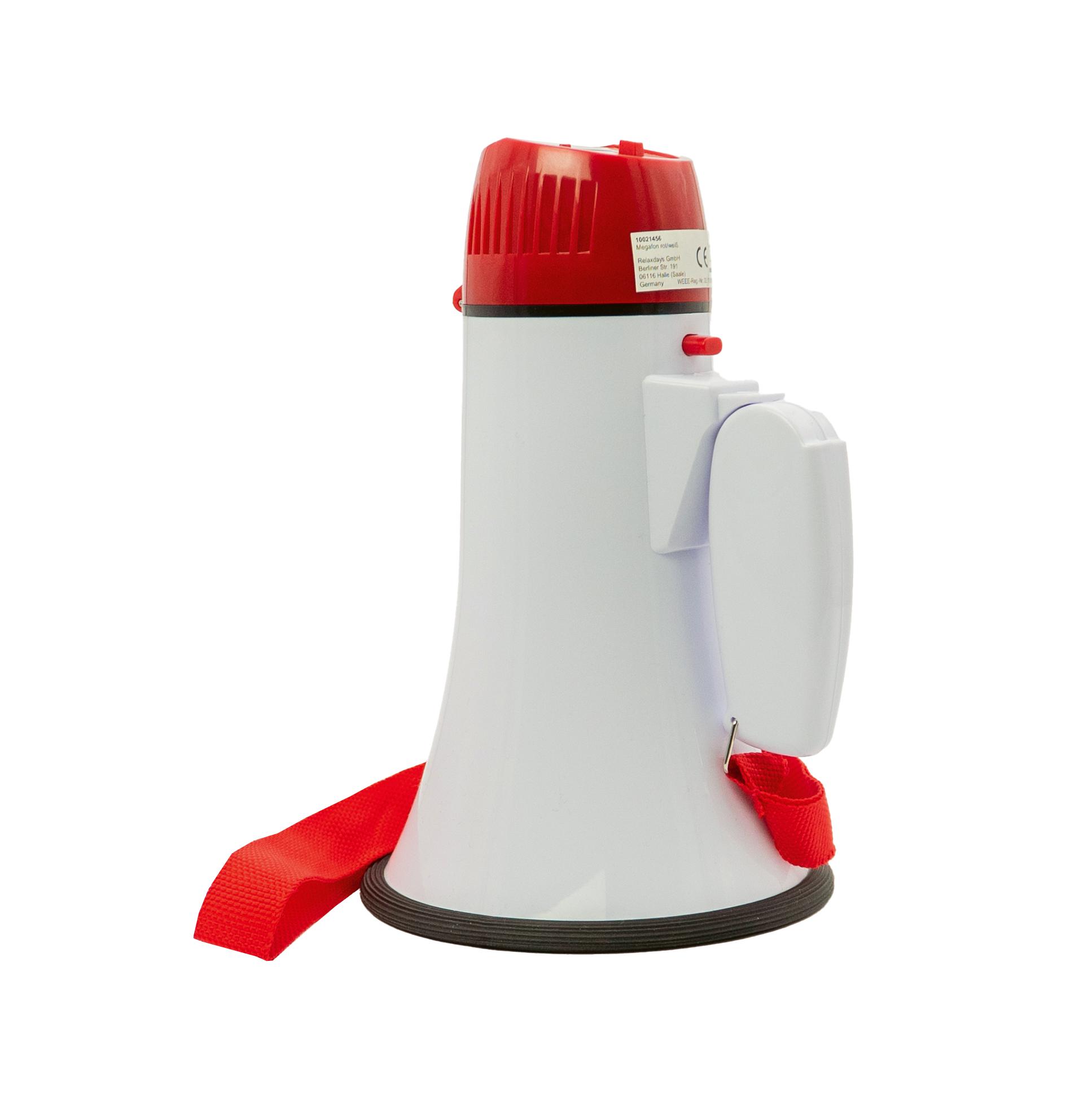 Ein weißes Megafon mit rotem Top und rotem Griff, Haltegurt, 10 Watt Leistung und bis zu 90 dB Lautstärke steht aufrecht.