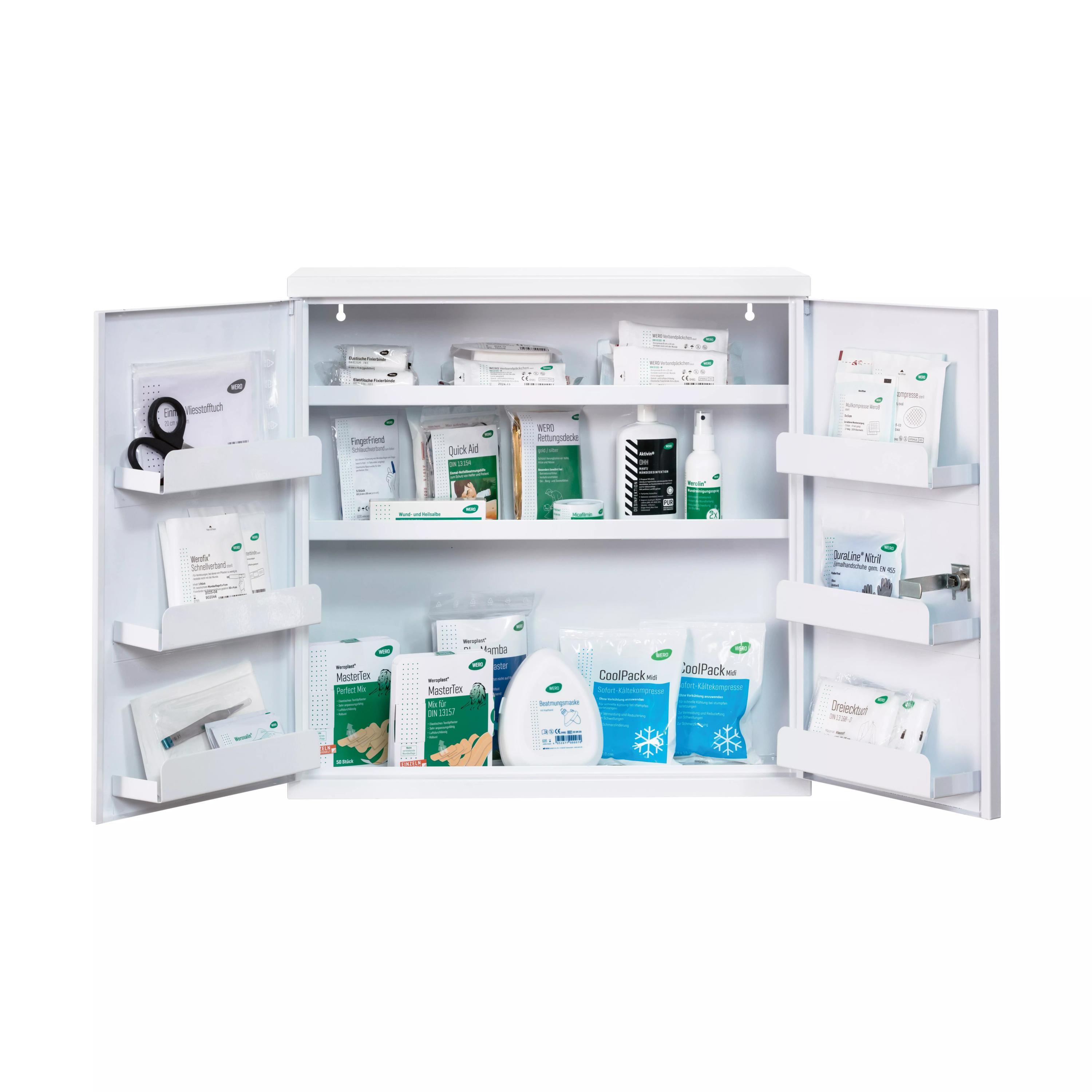 Offener WERO Verbandschrank DuoDoor aus weißem Stahlblech, leer mit drei geräumigen Fächern und seitlich verstellbaren Ablagen zur Aufbewahrung.