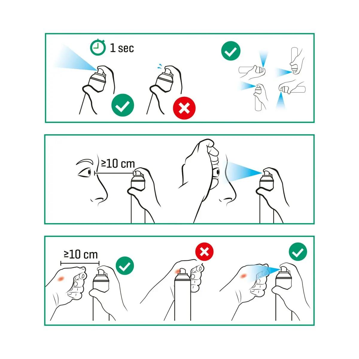Schwarz-weiße Schrittanleitung zeigt die korrekte Anwendung des WERO Wund- und Augenspray, mit Hand und Sprühdose in drei Etappen illustriert.