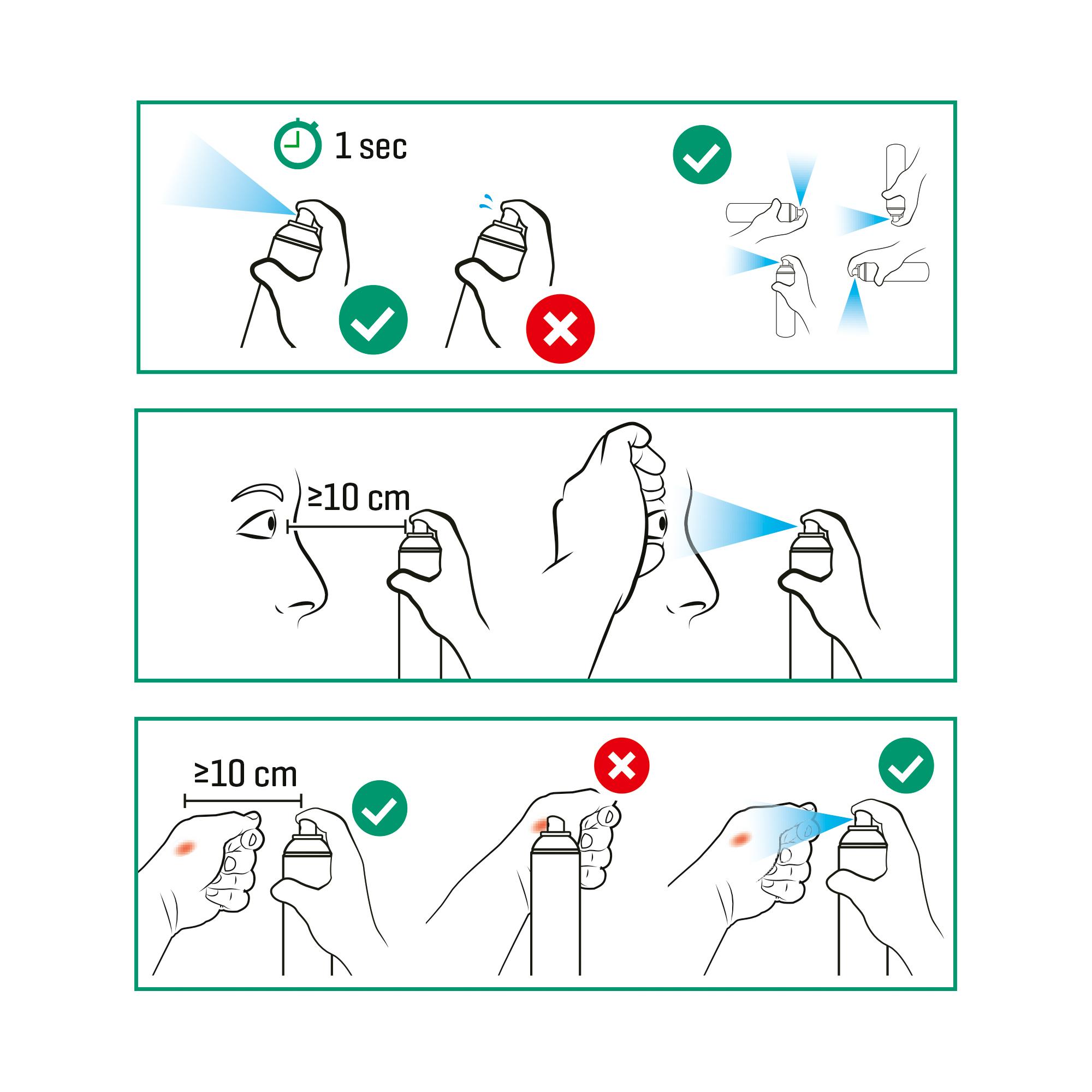 Schwarz-weiße Schrittanleitung zeigt die korrekte Anwendung des WERO Wund- und Augenspray, mit Hand und Sprühdose in drei Etappen illustriert.
