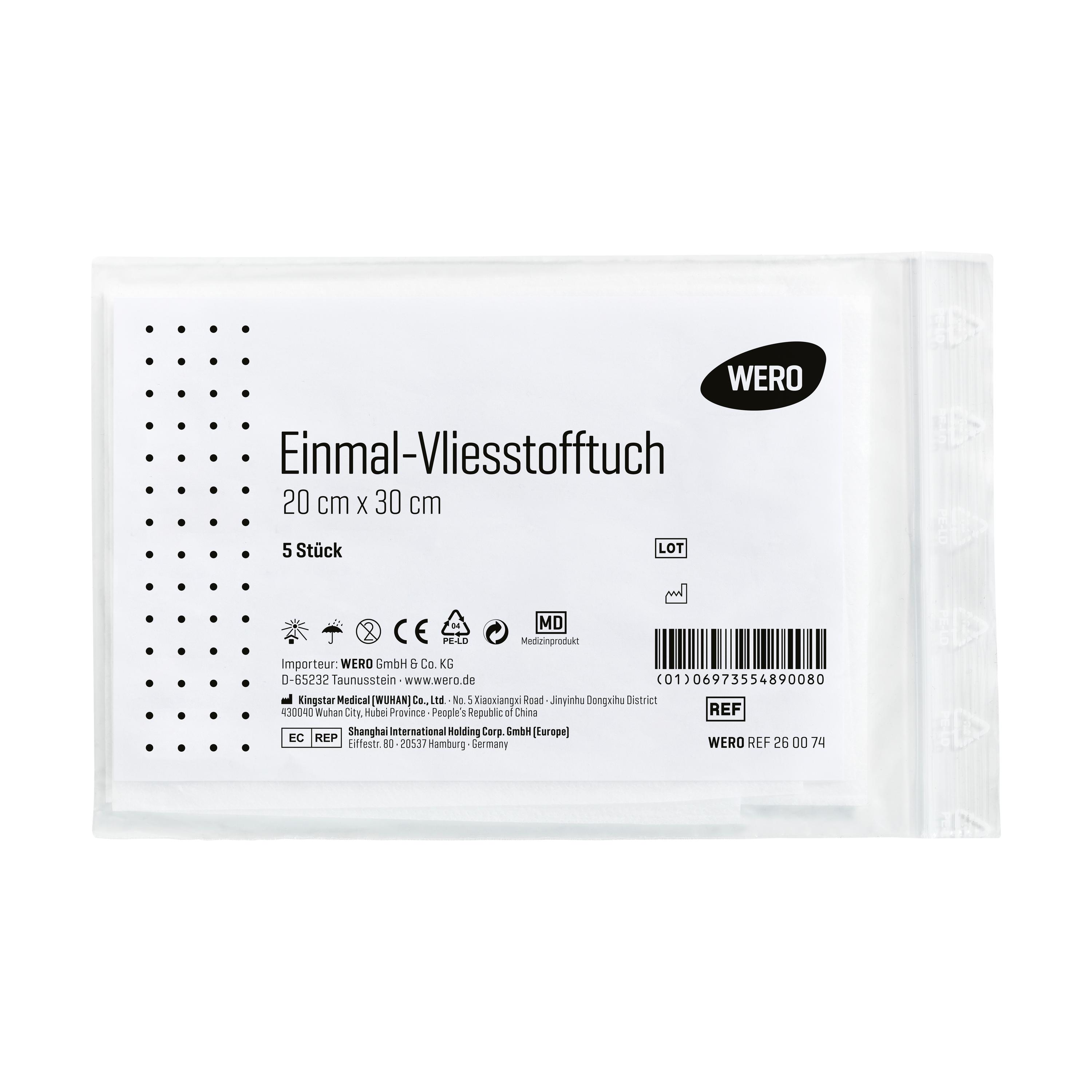 Weißes, rechteckiges Einmal-Vliesstofftuch für DIN 13157 / 13169 im 5er-Pack, hygienisch in Folienbeutel mit Herstellerangaben verpackt.