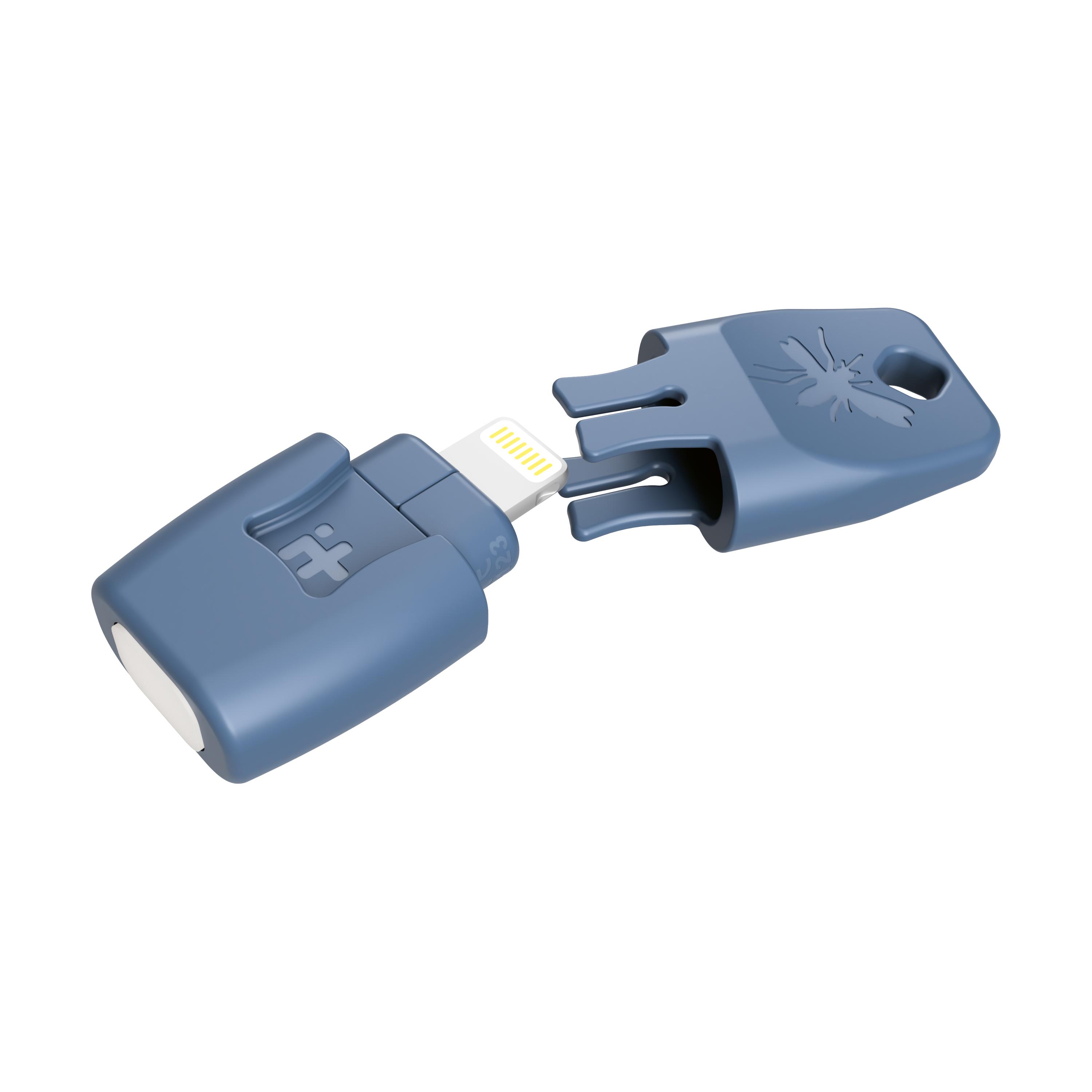 heat it® Insektenstichheiler - iPhone 6s - 14 (Lightning) in Blau, zweiteilig, mit sichtbarem USB-Anschluss und Schlüsselloch-Design.